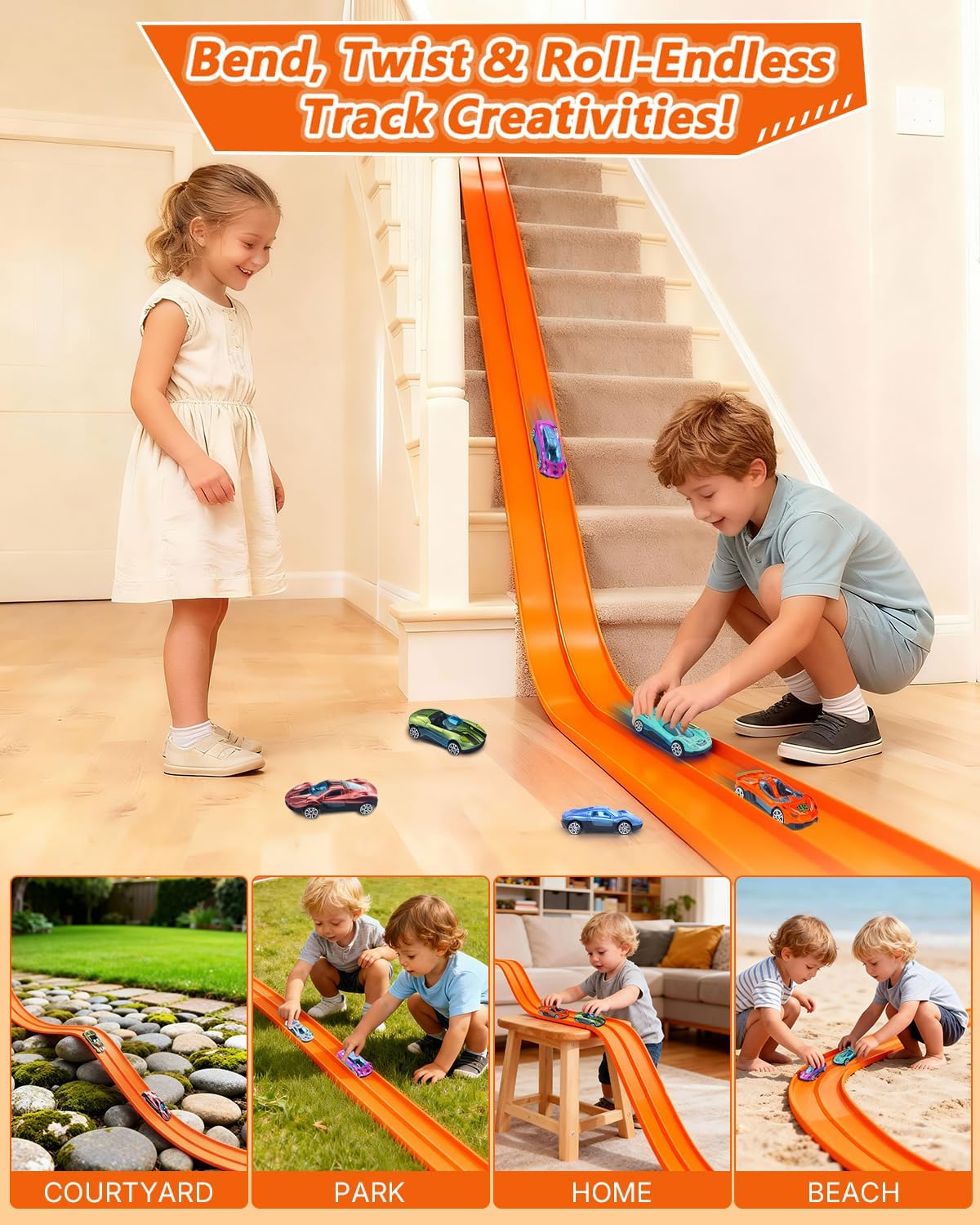 Flexible Race Track for Kids – 15 Ft Roll-Up Car Track with Suction Cups, Fits 1:64 Diecast Cars, Portable Bendable Track Toys for Boys Girls Ages 3+, Orange