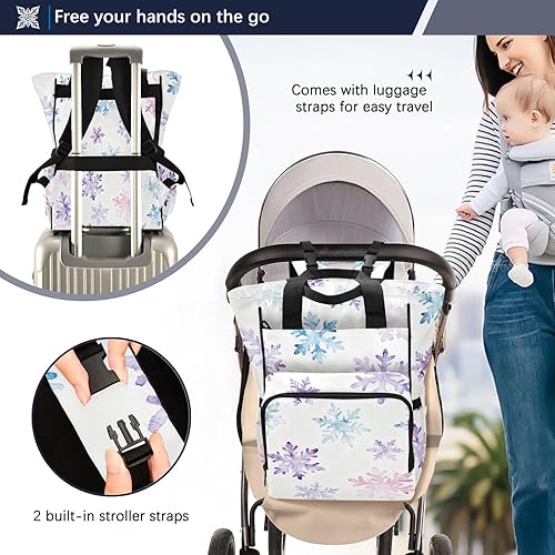 Miniatura 4 de Snowflake Print Diaper Bag Backpack, Waterproof Nylon Multi-Function Mommy Bag with Insulated Bottle Pockets, Large Capacity 15L Travel Tote,