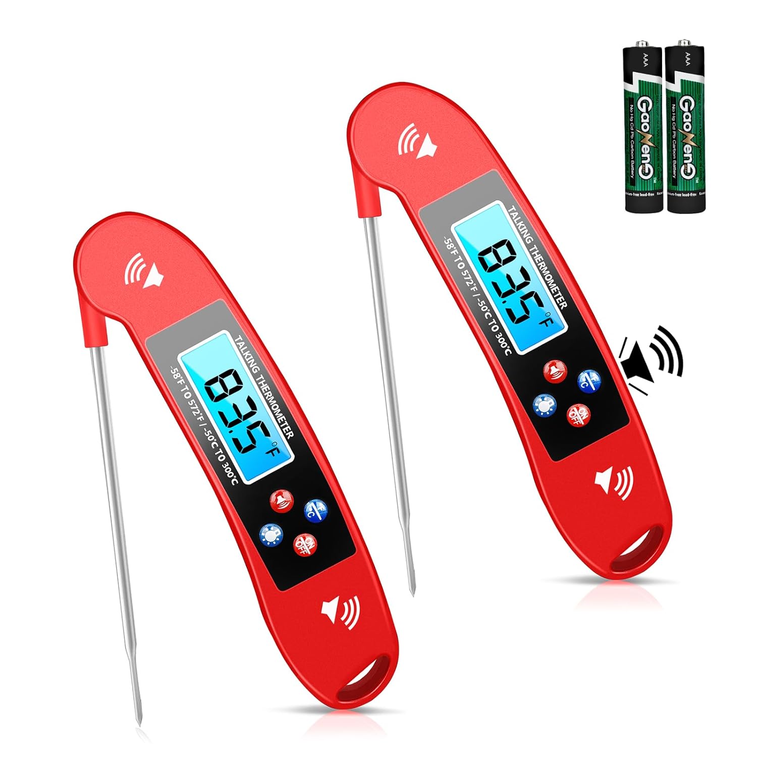 2 pcs Red Digital Talking Thermometer for The Blind, Waterproof Instant Read Food Thermometer, Probe for Cooking and Grilling