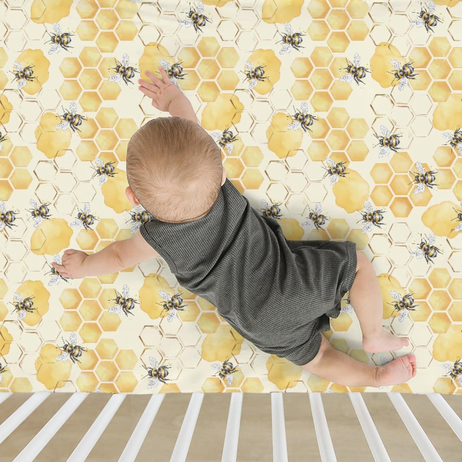Honeycomb Bees Baby Crib Sheets for Boy Girl 52x28Inch Yellow Bee Honey Soft Stretchy Fitted Crib Mattress Covers Spring Summer Nursery Baby Sheets for Standard Crib and Toddler Bed Mattresses