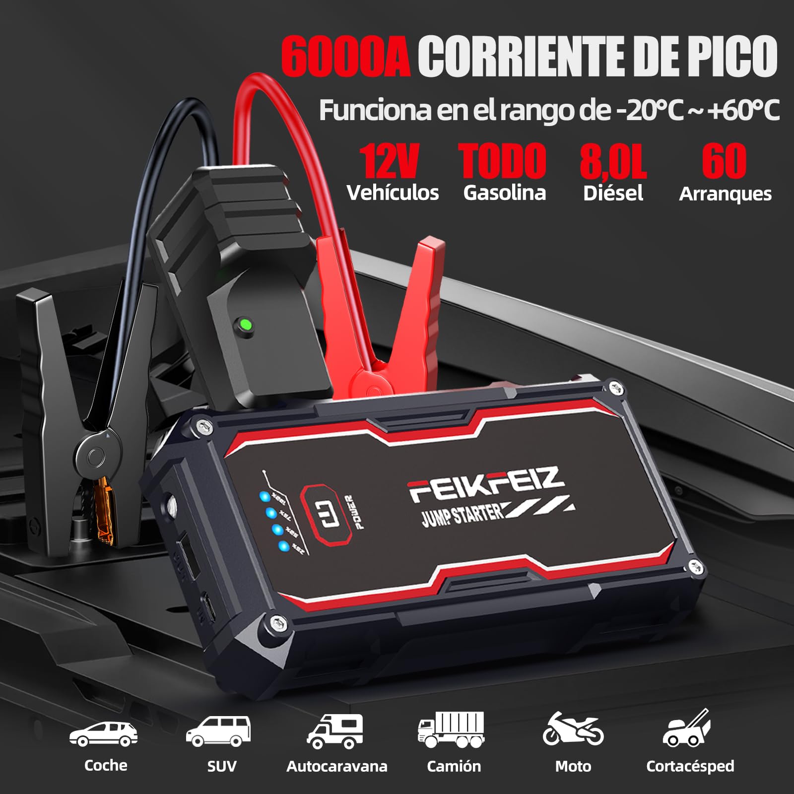 FEIKFEIZ Arrancador de Coches, 6000A 26800mAh Arrancador Batería Coche (para Todo Vehículo de Gasolina o 8,0L de Diesel), Booster Bateria, con Puerto de Salida USB, Luz LED.