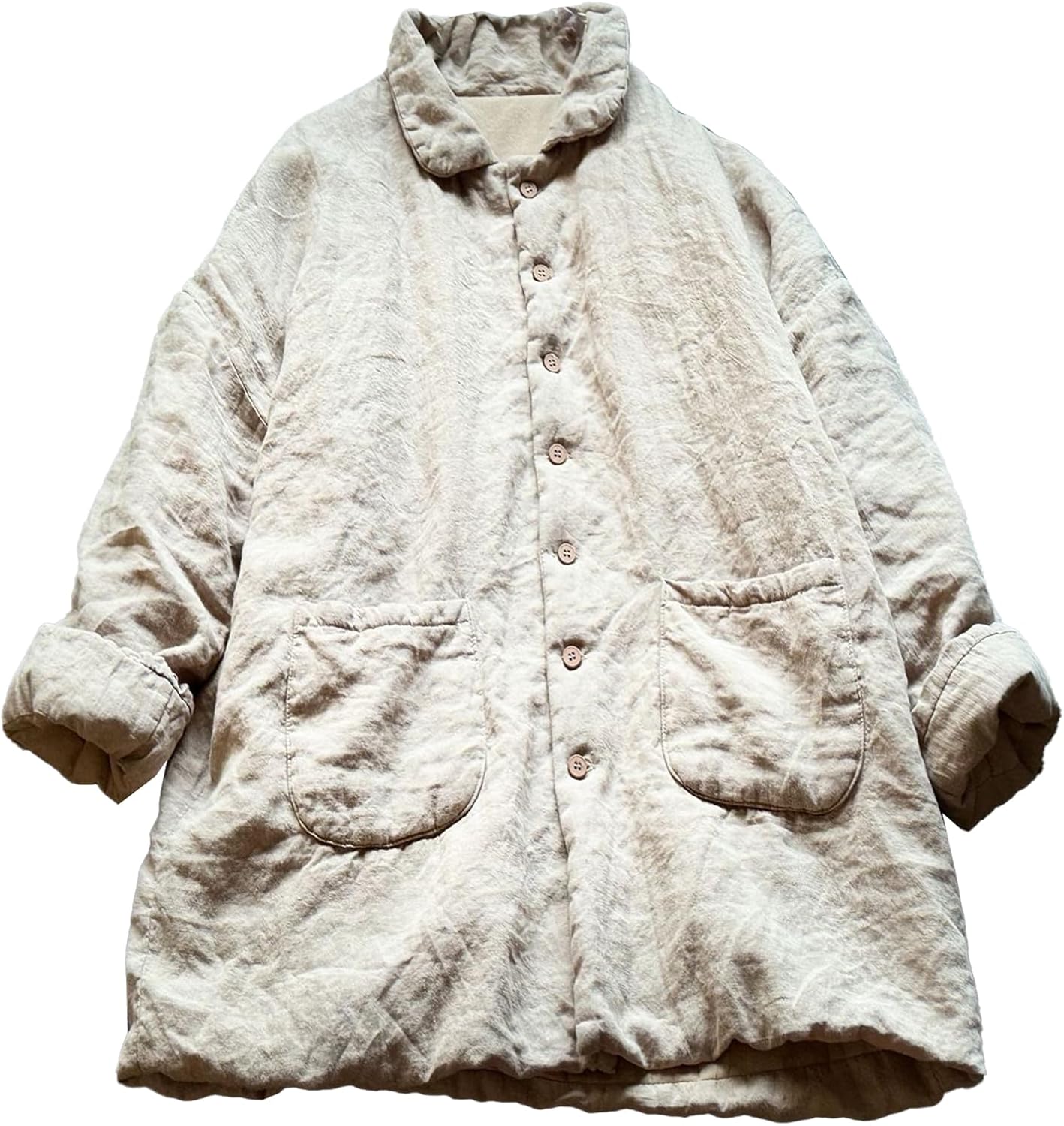 LZJN Women's Linen Quilted Lightweight Lapel Jacket Vintage Solid Button Loose Windbreaker Casual Coats with Pockets