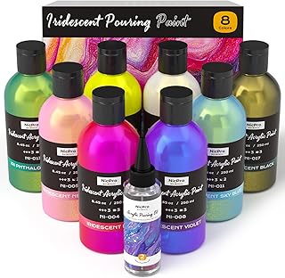 8 Colors Iridescent Metallic Acrylic Pour Paint Supplies Kit, 8.45oz Large Ready to Pour Premixed High Flow Pouring Paint Set with Silicone Pouring Oil, Gloves, Instructions for Beginner DIY
