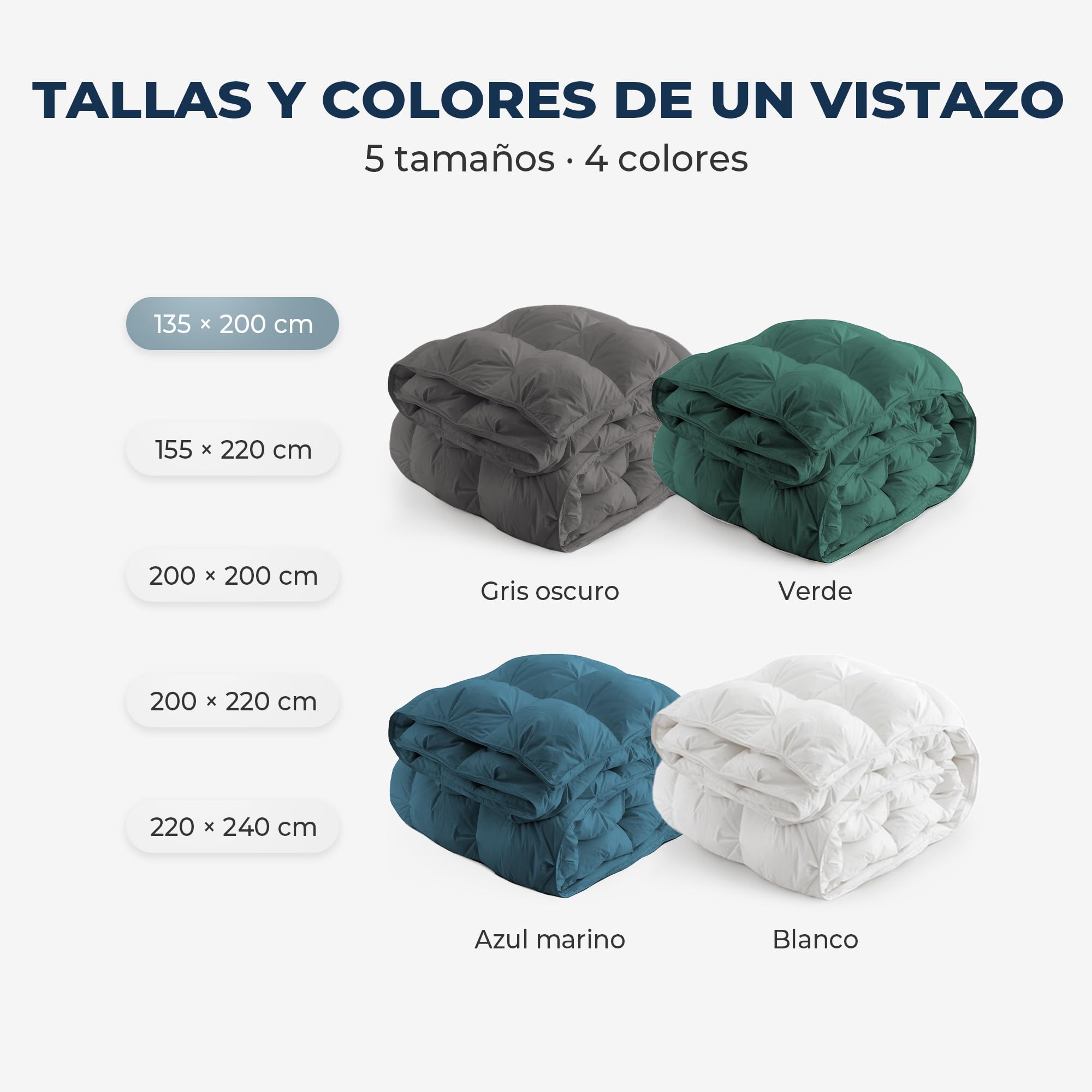 UNIKOME Edredón de Plumas y Plumón Cama 80, 100% Algodón, Relleno Nórdico Plumón para 4 Estaciones, Diseño con Pliegue Pinzado, Certificado Oeko-Tex (Marina, 220x240cm)