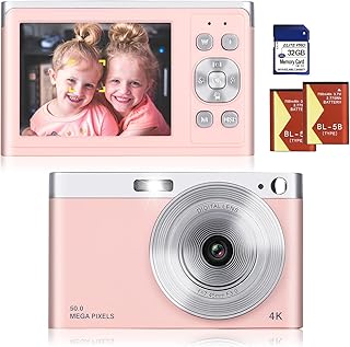 Birosnsy Digital Camera 4K 50MP with 32GB SD Card 2.88" IPS Screen Auto Focus 16x Digital 9 Special Shooting Modes Zoom Beginner 0.23LB Portable Mini Camera Gift (Pink, Batteries X2, Charging Head X1)