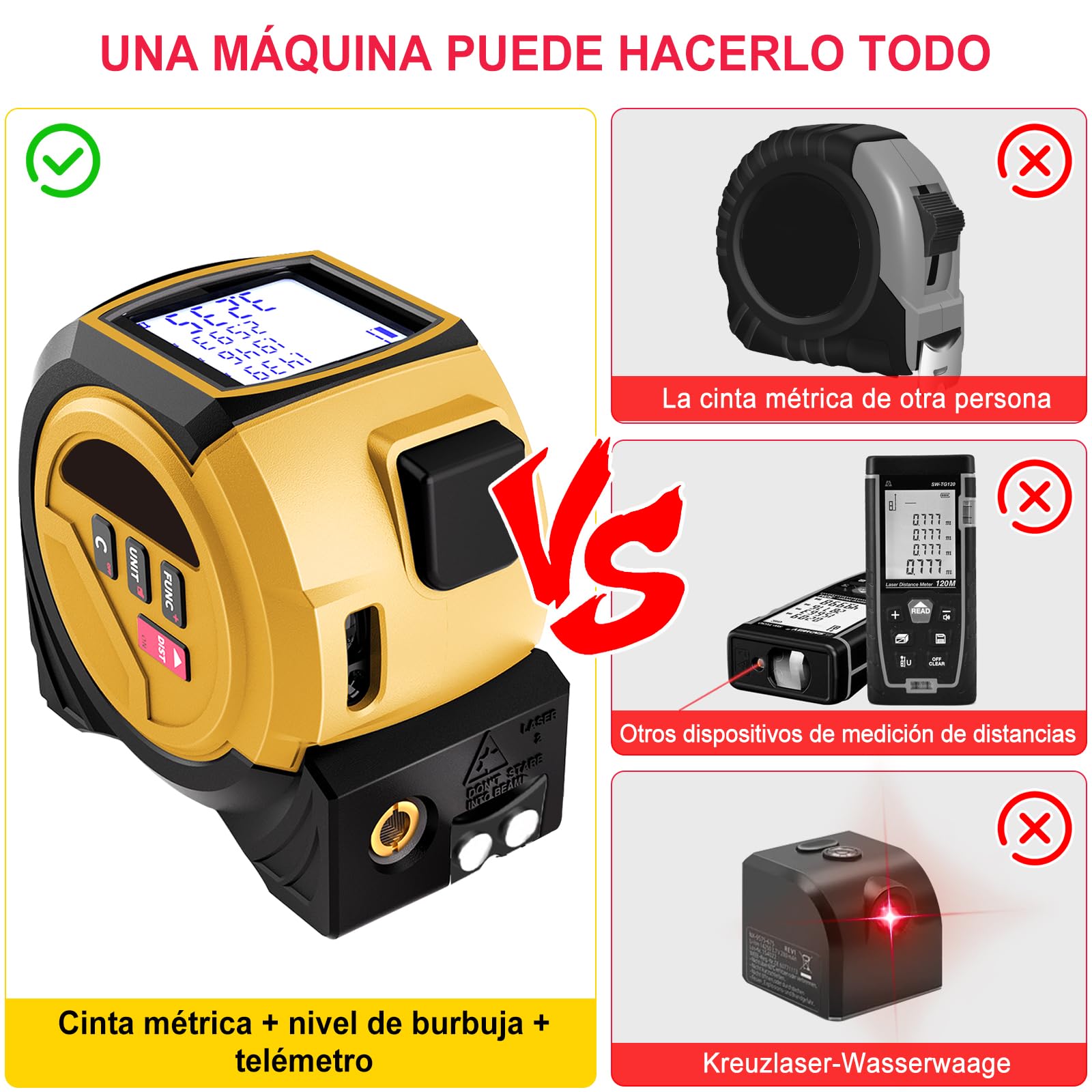 Cinta Métrica Láser 3 en 1, Telémetro Láser Digital de 0,05 M A 60 M, Medidor de Distancia, de Área (Unidades: M/In/Ft) Cinta Métrica de 5 Metros, Marca Cruzada Roja, para Carpintería Y Construcción