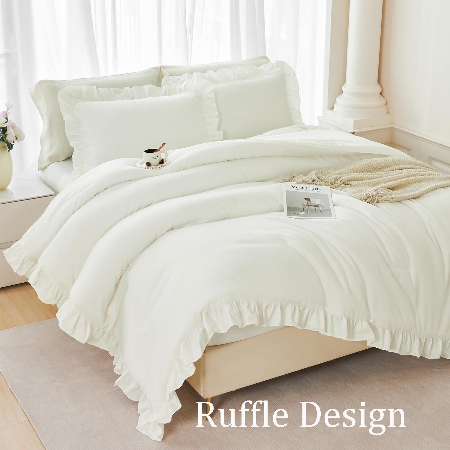 ANGIYUIN 5 Pieces Ivory Twin Size Bedding Set for Kids Girls Beige Ruffled Bed in A Bag with Sheets Farmhouse Fluffy Comforter Set Shabby Chic Bed Sets(Ivory Twin) - Image 6