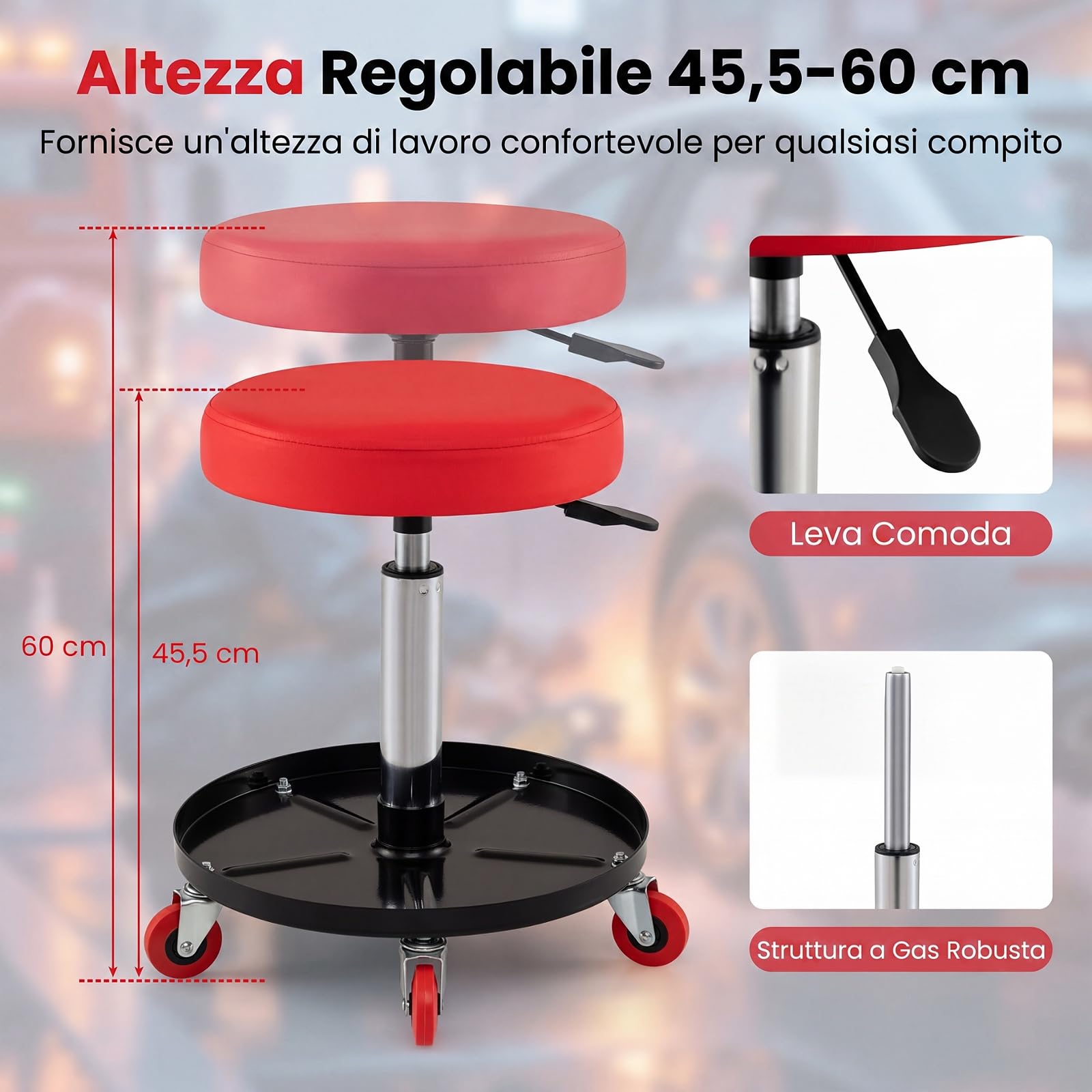 COSTWAY Sgabello da Officina con Vassoio Porta Attrezzi, Portata 150 kg | Sedia da Lavoro con Ruote, Altezza Regolabile e Girevole a 360°, Sedia da Meccanico per Garage e Officina