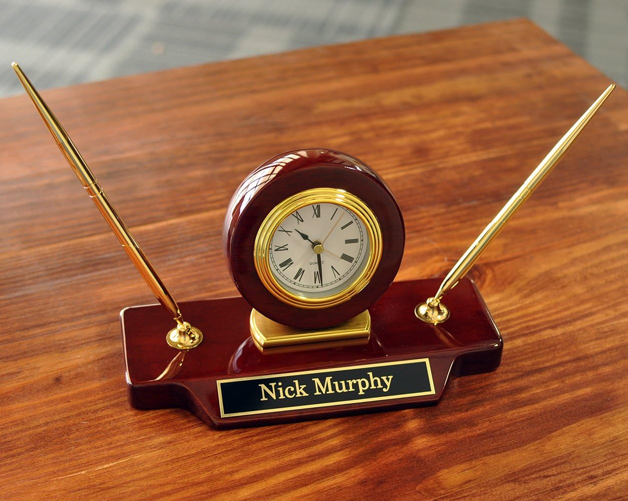 Personalized 9 x 4 3/4 Piano Finish Desk Clock on Base with 2 Pens- BRAND NEW