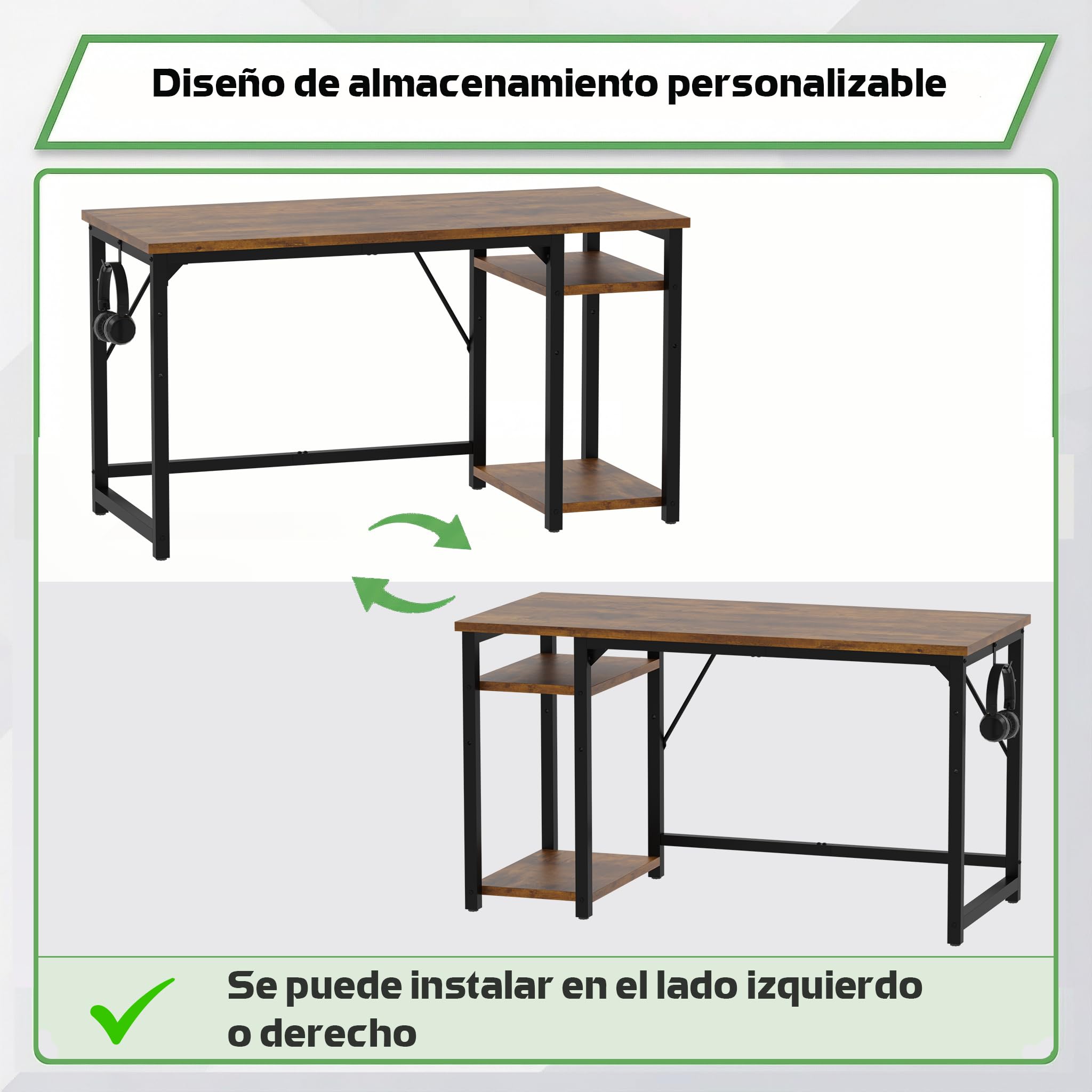 Airfish Mesa Escritorio, Escritorio Ordenador con Estanteria, Mesa de Juego, 120x50x75cm, con Estante Organizador, Gancho para Auriculares, para Oficina, Dormitorio, Sala de Estudio Marrón