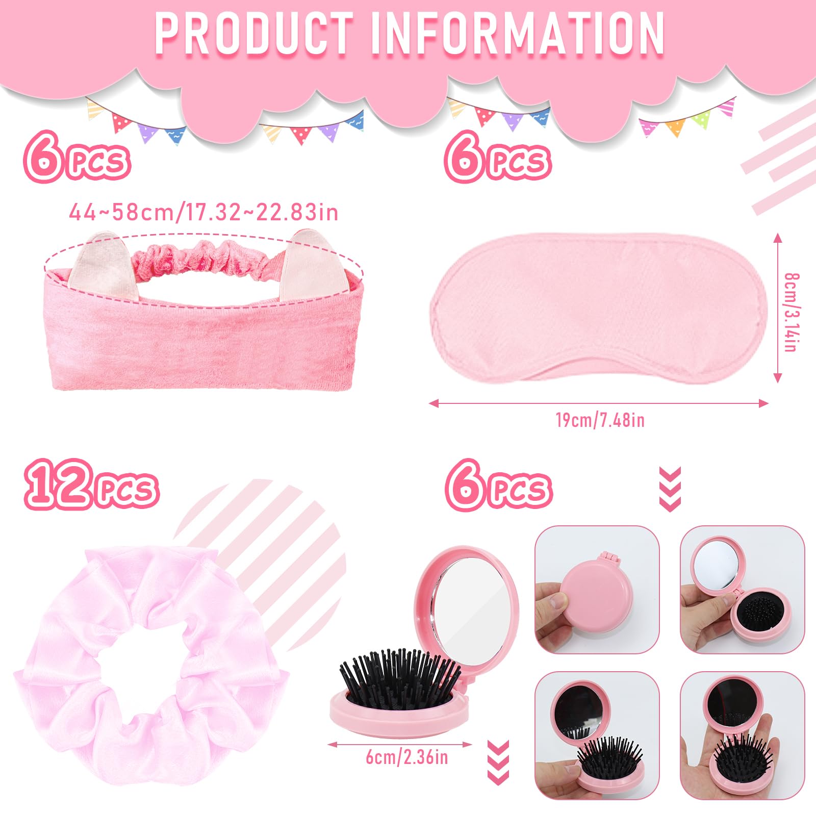 6-teiliges Spa-Partyzubehör für Mädchen, inklusive 6 Bademäntel, 6 Masken, 6 Stirnbänder, 6 faltbare Mini-Haarbürsten, 6 Tragetaschen und 12 Haargummis für rosa Übernachtungsparty, Hochzeit
