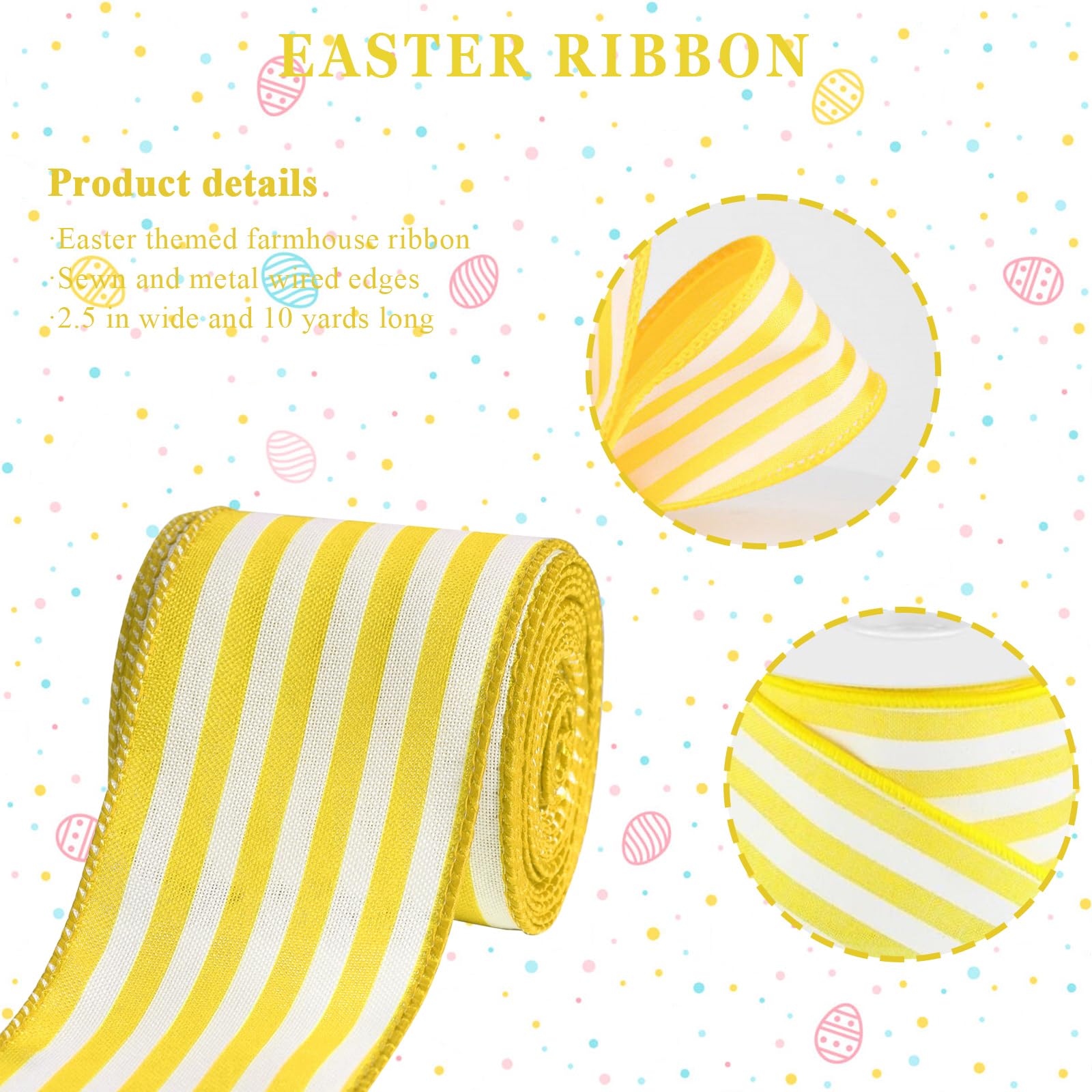 Easter Ribbon Wired Edge, Spring Yellow and White Ribbon Wired Vertical Stripes Fabric Ribbon Gift Wrapping DIY Craft Wreath Garland Making Easter Day Party Decor Birthday Baby Shower, 2.5