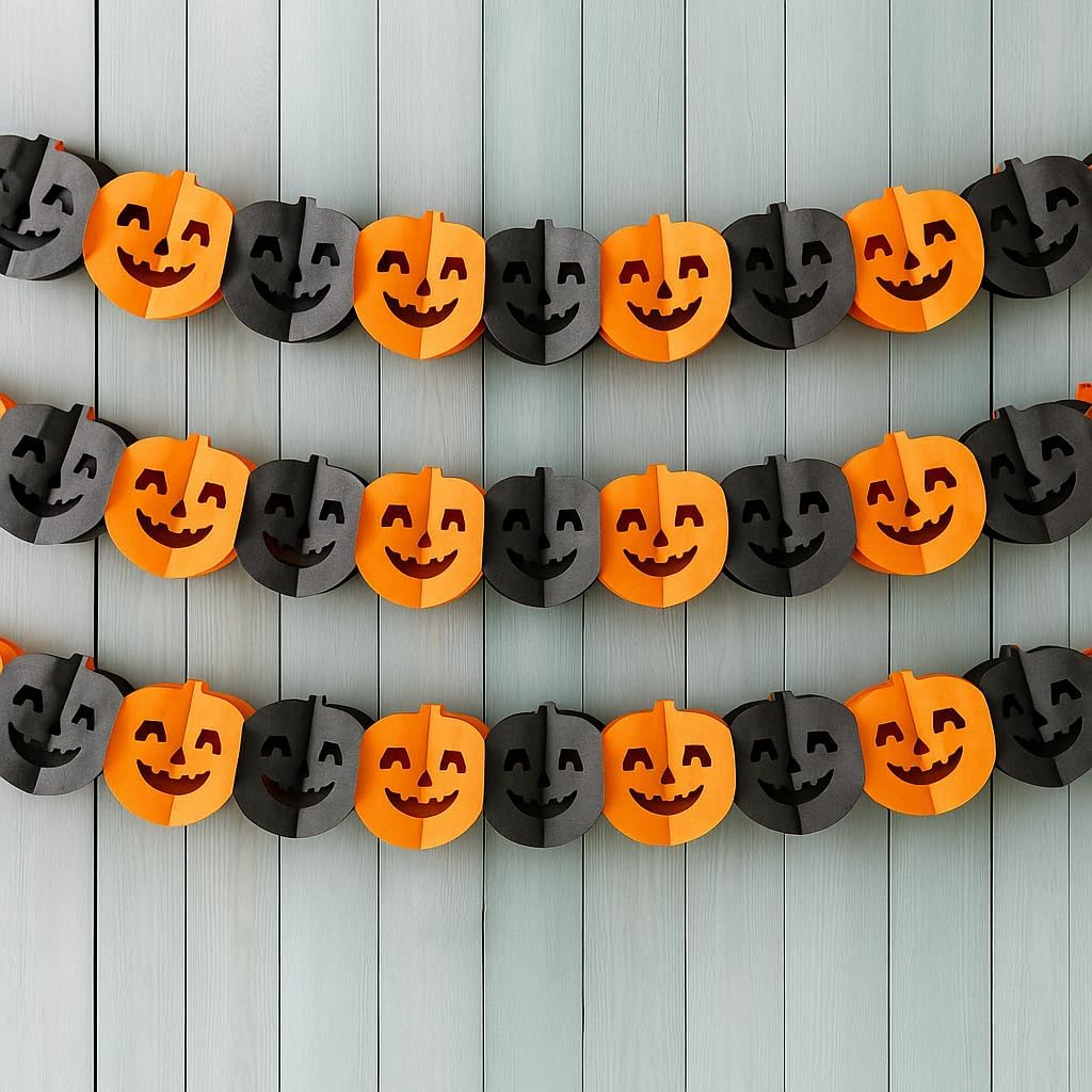 KatchOn, Long Pumpkin Halloween Garland - 10 Feet, 3 Strings, No DIY | Black and Orange Pumpkin Garland for Halloween Party Decorations