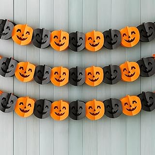 KatchOn, Long Pumpkin Halloween Garland - 10 Feet, 3 Strings, No DIY | Black and Orange Pumpkin Garland for Halloween Party Decorations