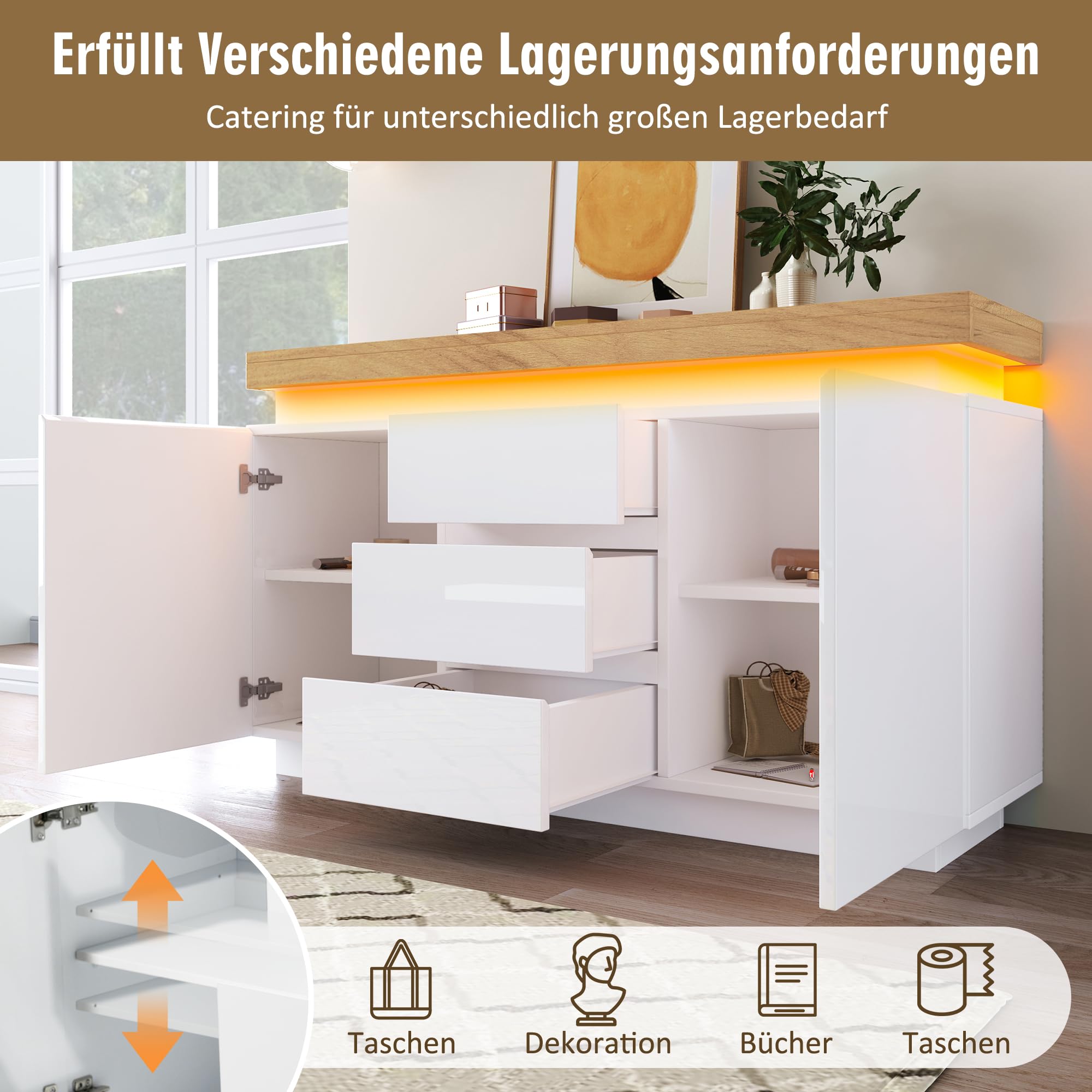 LUXOAK Sideboard Hochglanz Weiß Mit LED-Beleuchtung - 160cm, 2 Türen & 3 Schubladen - Modernes TV-Möbel