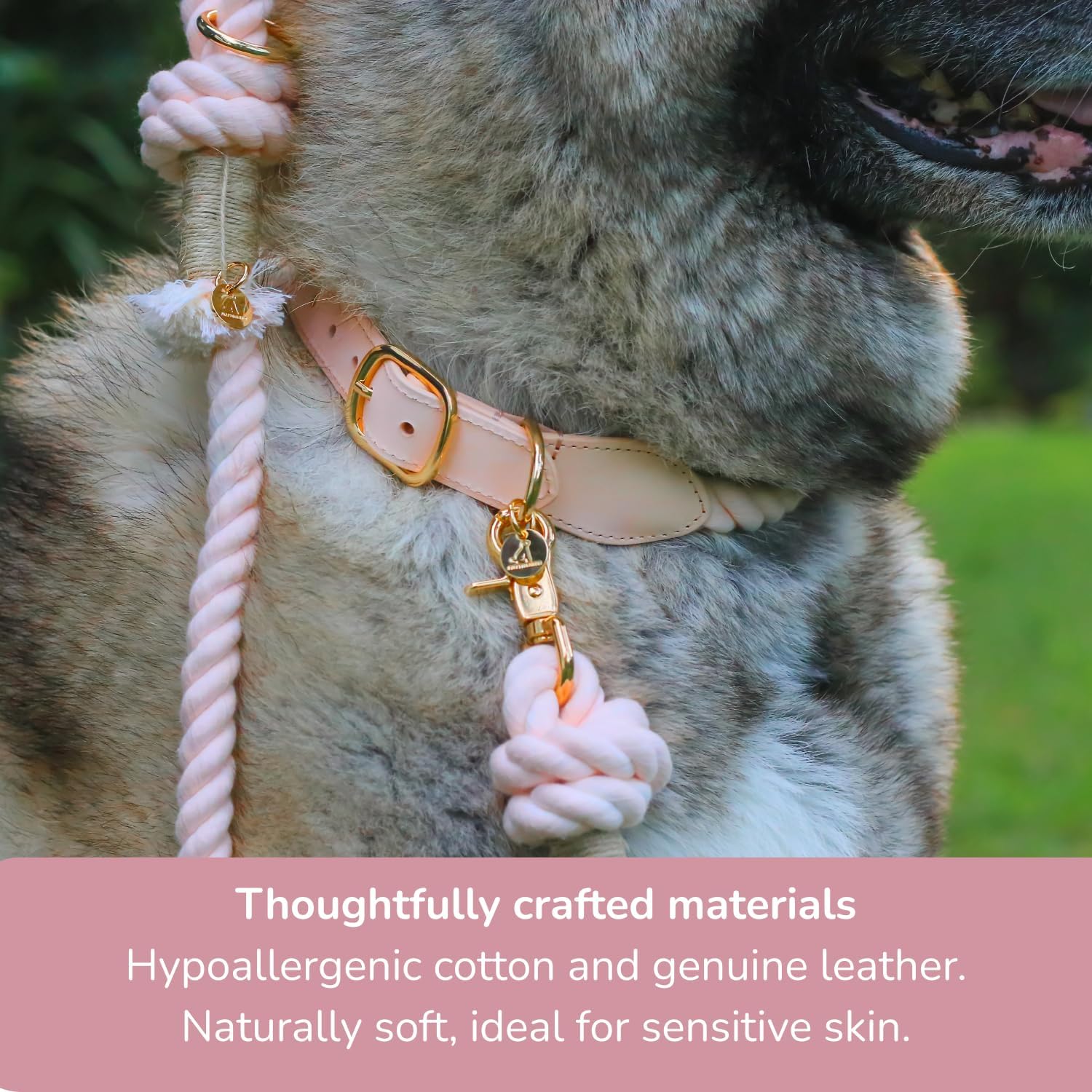 Handcrafted Cotton Rope Dog Collar for Large Breeds – Soft, Hypoallergenic & Adjustable, Leather Reinforced with Rust-Proof Zinc Clasp. Perfect for Everyday Walks, Training & Weddings - Light Pink