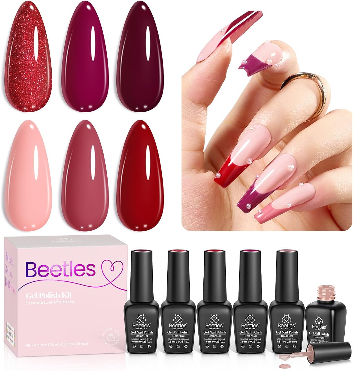 Beetles Red Gel Nail Polish, 6 Colors Burgundy Nude Red Glitter Gel Polish Marvelous Lady Collection Nail Art Design Fall Winter Soak Off Uv LED Nail Polish Manicure DIY Home Salon