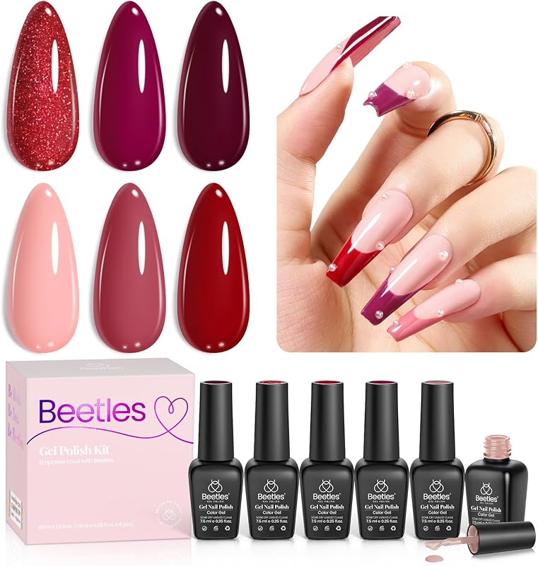 Beetles Red Gel Nail Polish, 6 Colors Burgundy Nude Red Glitter Gel Polish Marvelous Lady Collection Nail Art Design Fall Winter Soak Off Uv LED Nail Polish Manicure DIY Home Salon