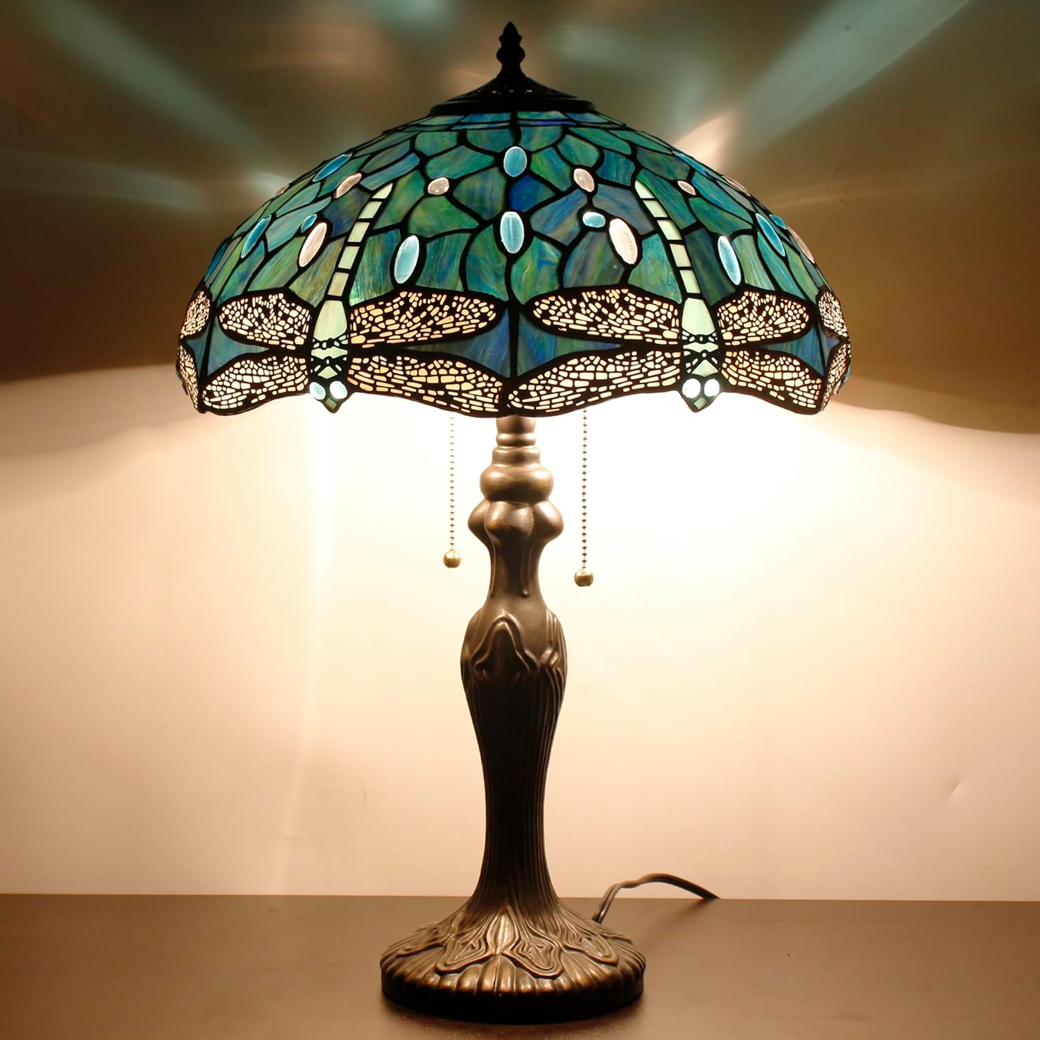 Tiffany Table Lamp Stained Glass Lamp 16X16X24 Inch Antique Reading Light (Dark Blue Dragonfly)