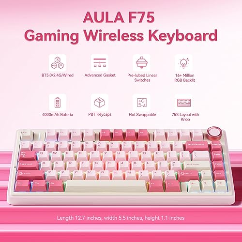 Miniatura 2 de AULA Teclado inalámbrico F75, 75% teclado para juegos intercambiable en caliente con sonido cremoso, Bluetooth2.4GHzUSB-C, teclado mecánico RGB