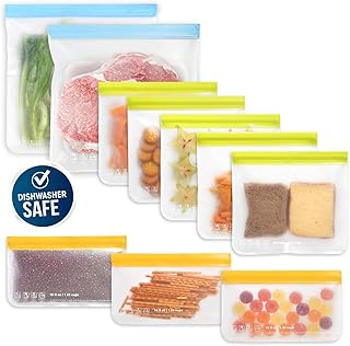 10 Pack Dishwasher Safe Reusable Food Storage Bags (5 Reusable Sandwich Bags, 3 Reusable Snack Bags, 2 Freezer Gallon Bag...