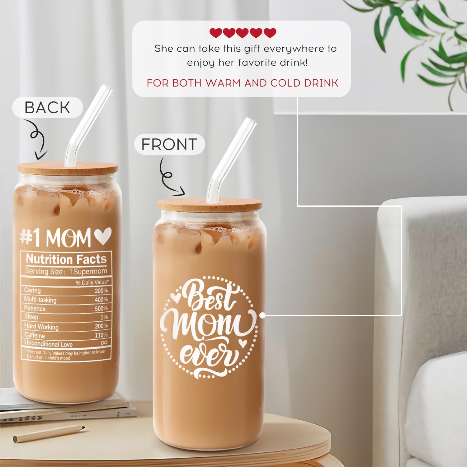 Frerdui Birthday Gifts for Mom, Mothers Day Gifts from Daughter Son Kids, Best Mom Ever Mama 18oz Glass Cup Coffee Water Bottle with Bamboo Lid and Straw, Gift for Mom Women, Christmas Gift for Mommy