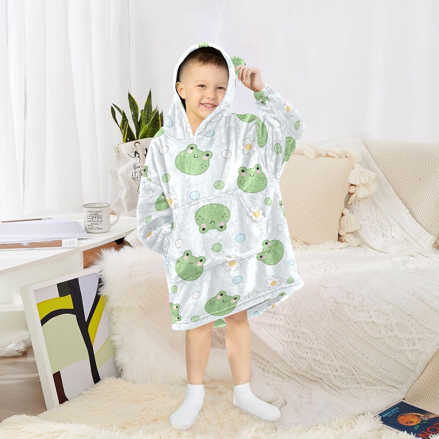 Cartoon Frogs Wearable Blanket Hoodie for Kids Oversized Sherpa Hooded Blanket Cozy Warm Gift - Image 5