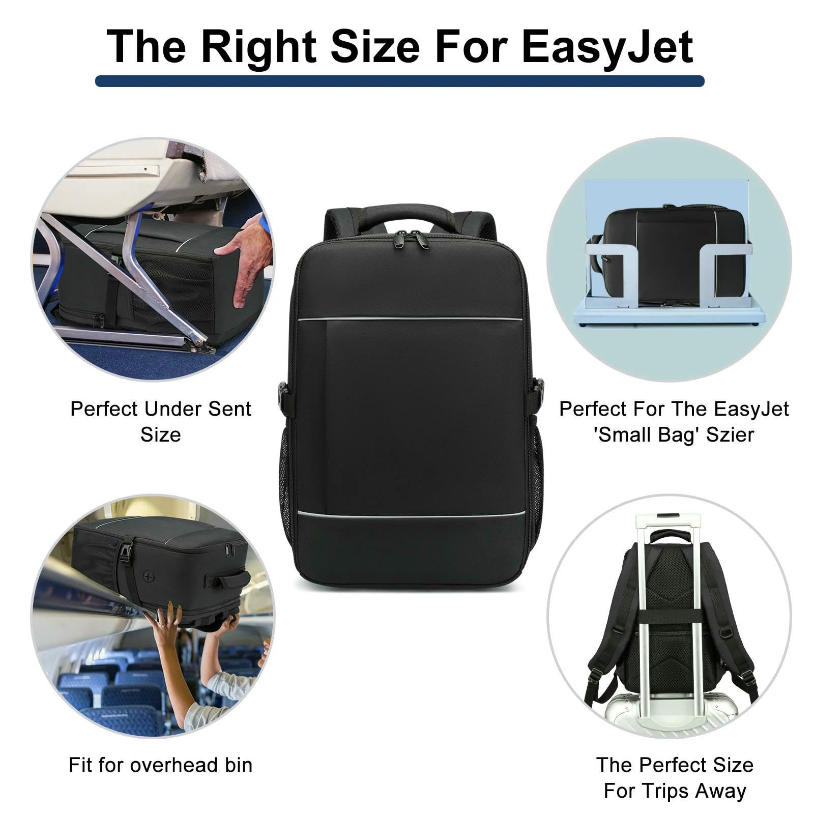 Zaino di Cabina 40x20x25 Borsa Viaggio con Riflettente Unisex Bagaglio A Portata Scomparto per Laptop-nero-15 Pollici
