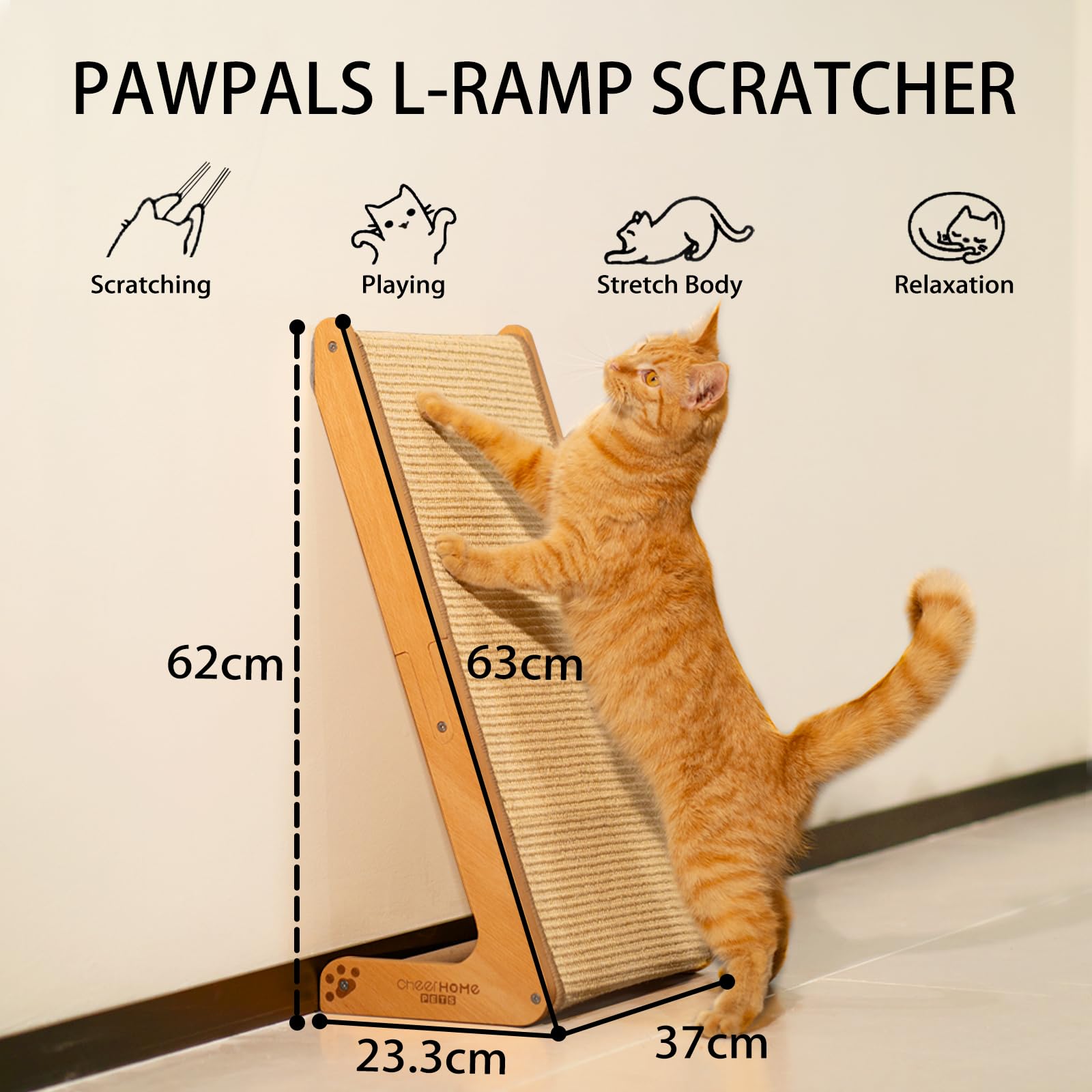 CheerPals Dual-Use Sisal Cat Scratcher, Large 63cm H, Solid Beech Wood & Sisal Pad Cat Scratching Post - Image 2