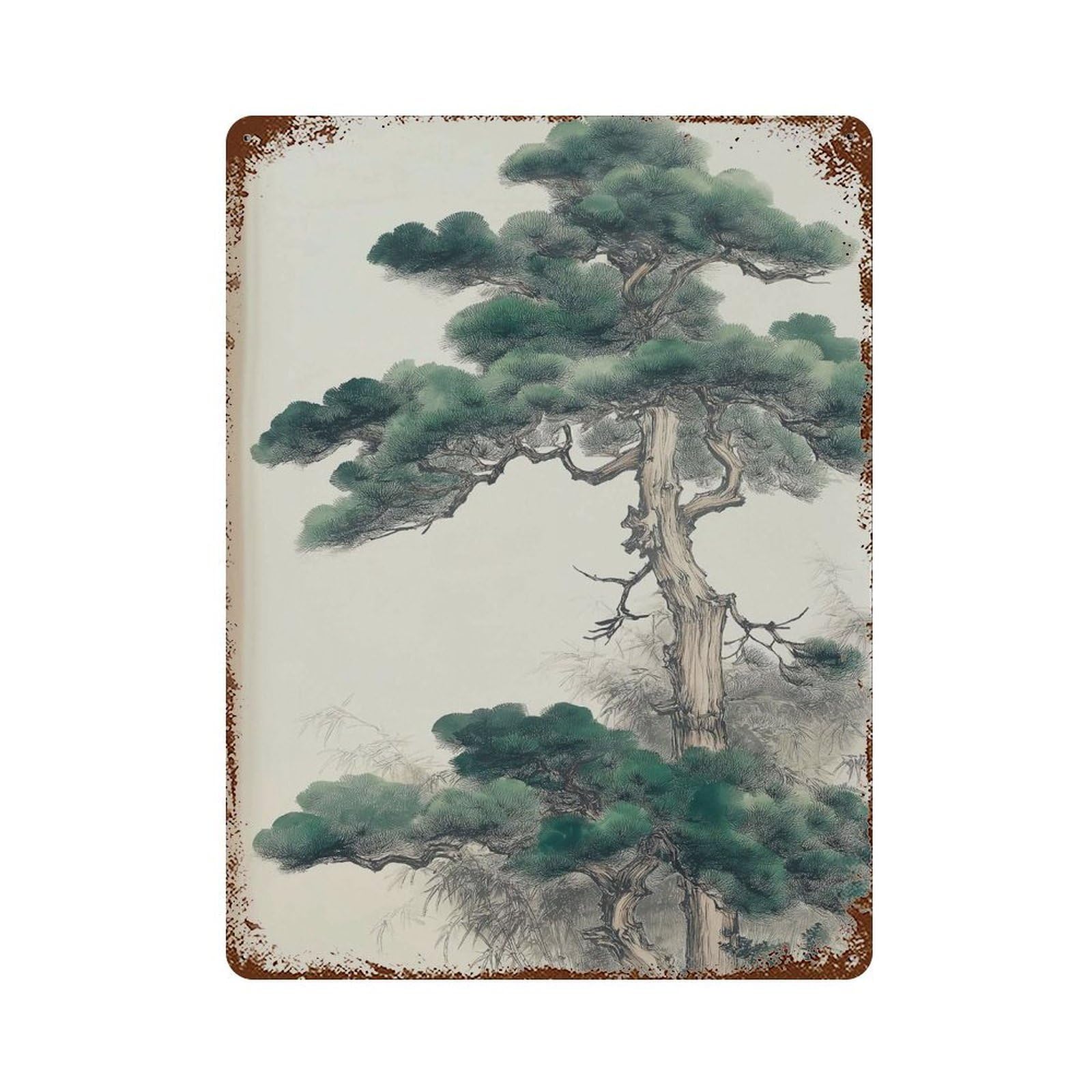 xiaoxiaoshen Japanese Pine Tree Traditional Ink Painting Zen Nature Landscape Asian Botanical Wall Decor Art Metal Tin Poster Modern Home Decor Art Home Bar Shop Decorations Vintage Sign 40x30cm