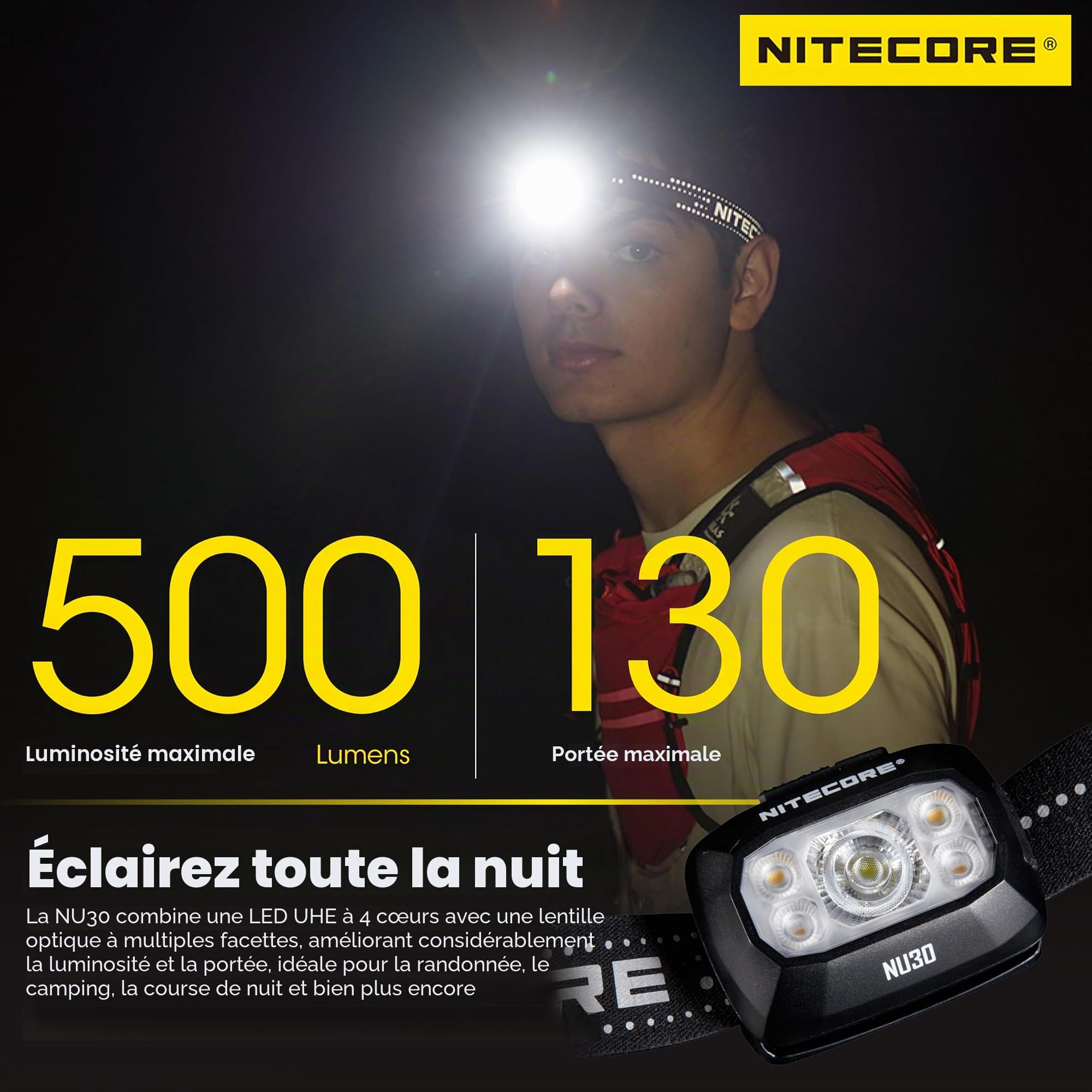 Nitecore NU30 Lampe frontale d'extérieur légère rechargeable USB-C 500 lumens triple sortie, Noir