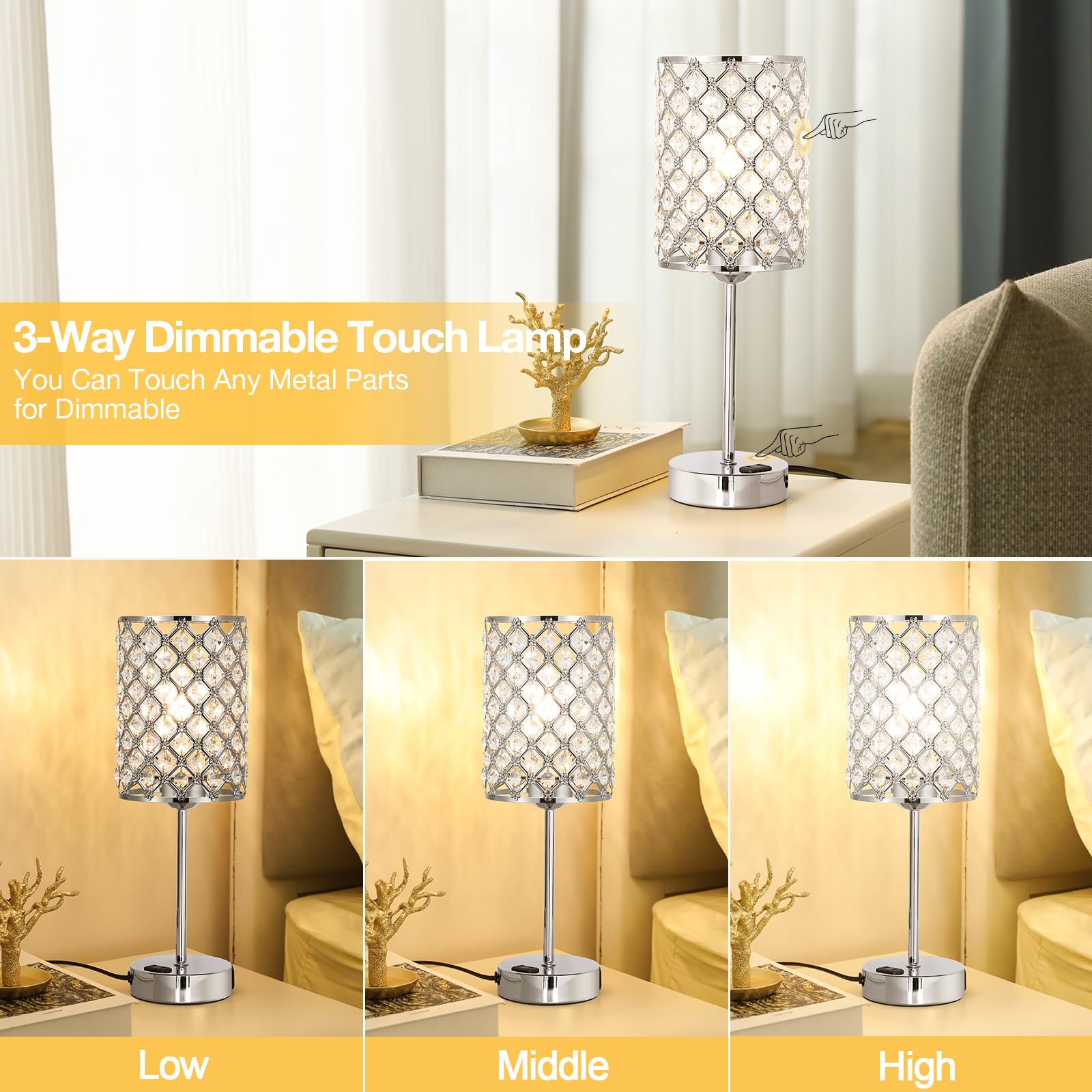 Crystal Diamond Table Lamp for Bedroom -Sliver Touch Lamp with USB Charging Port and Outlet, 3 Way Dimmable Bedside Lamp Decorative Modern Nightstand Lamp for Bedroom Decor Side Table(Bulb Included)