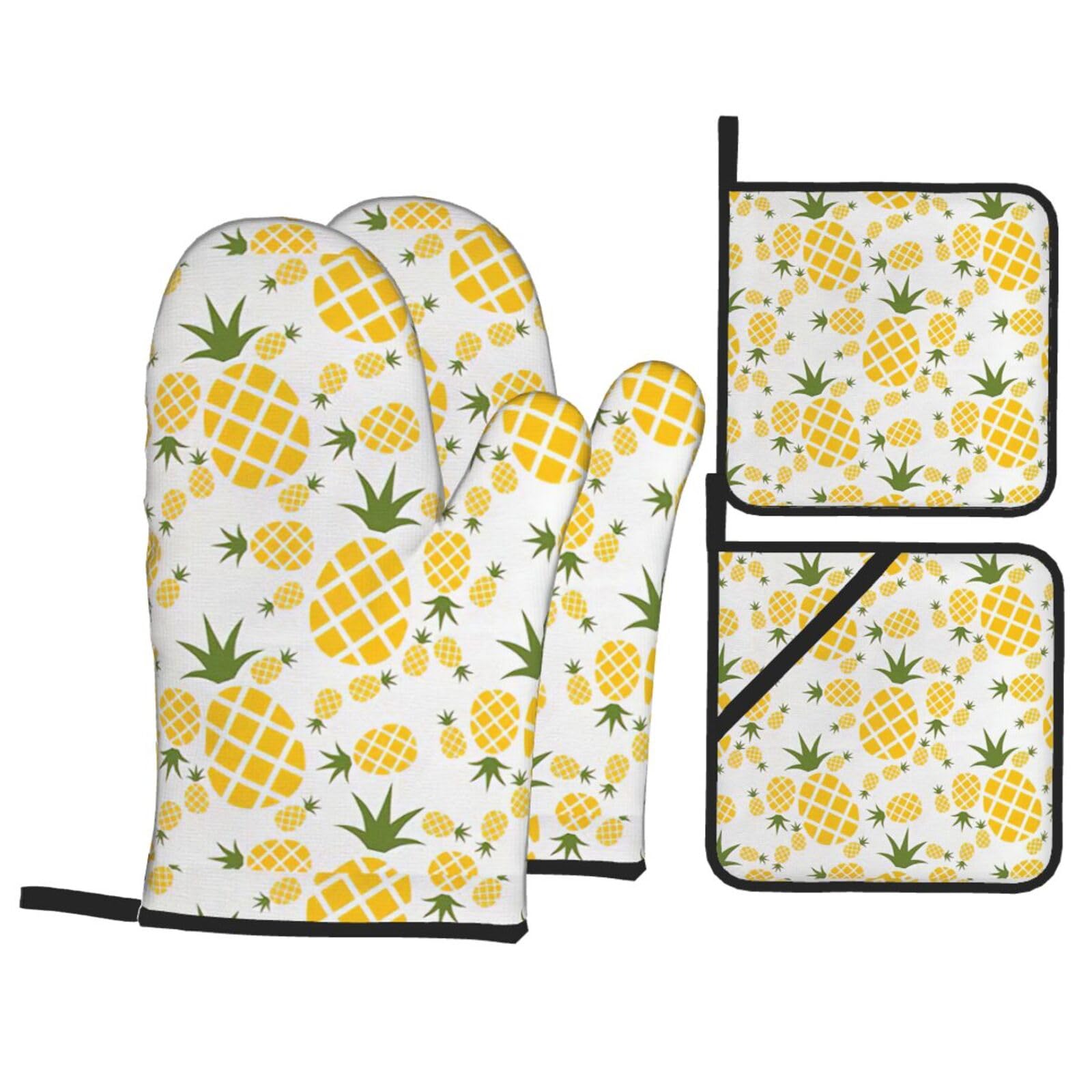 Pineapple. Print Kitchen Oven Mitts And Pot Holders Set,Hanging Loop Design For Cooking Baking Bbq
