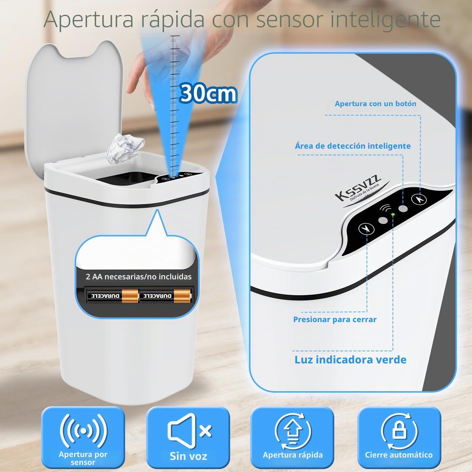 Kssvzz Papelera Baño con Tapa - 2 x 10L de Capacidad, Cubo de Basura Inteligente con Tapa- Cubo Basura con Sensor de Movimiento para Oficina, Habitacion, Cocina - Blanco