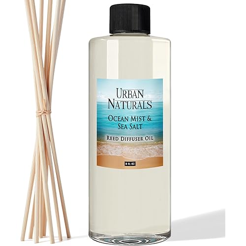 Urban Naturals Ocean Mist & Sea Salt Essential Oil Reed Diffuser Refill | Large 8 Ounce Size | Includes a Free Set of Reed Sticks! Made in The USA