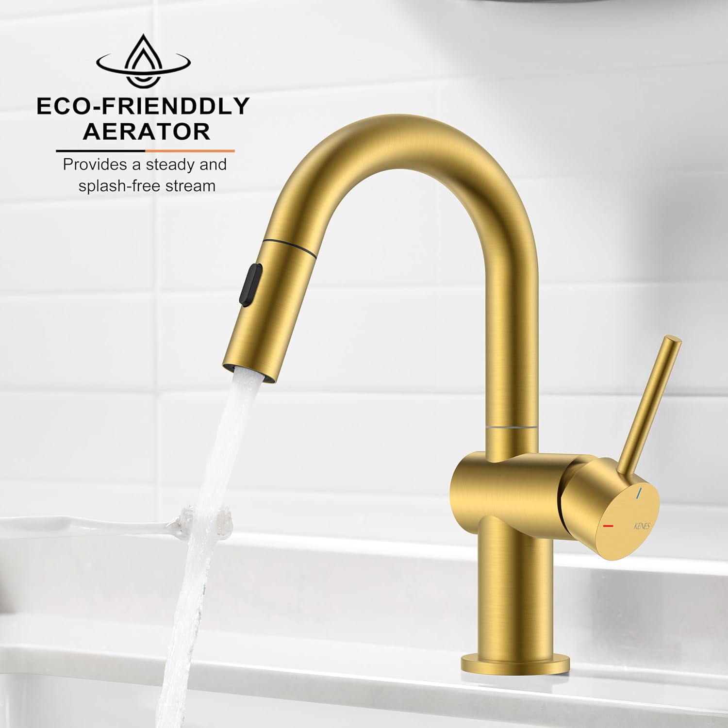 KENES Brushed Gold Single Handle Bathroom Faucet with Pull Out Sprayer, Pull Down Bathroom Sink Faucet with Sprayer, Vanity Bar Faucet with Pop Up Drain & Deck Plate, KE-9065B-4 - Image 9