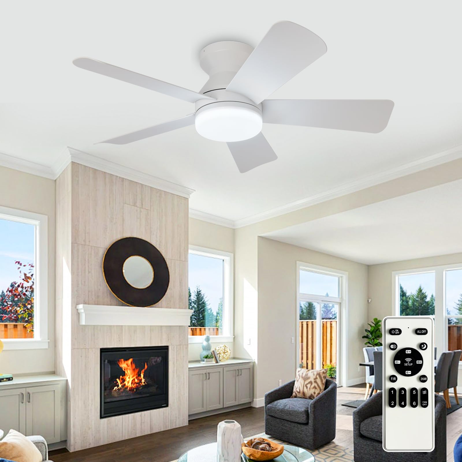 Depuley Modern Ceiling Fan with Light: 35-Inch White Small Fans for Bedroom Indoor Outdoor - Dimmable Flush Mount Low Profile Ceiling Fans with Remote Control 5 Reversible White Blades 6 Speeds Timer