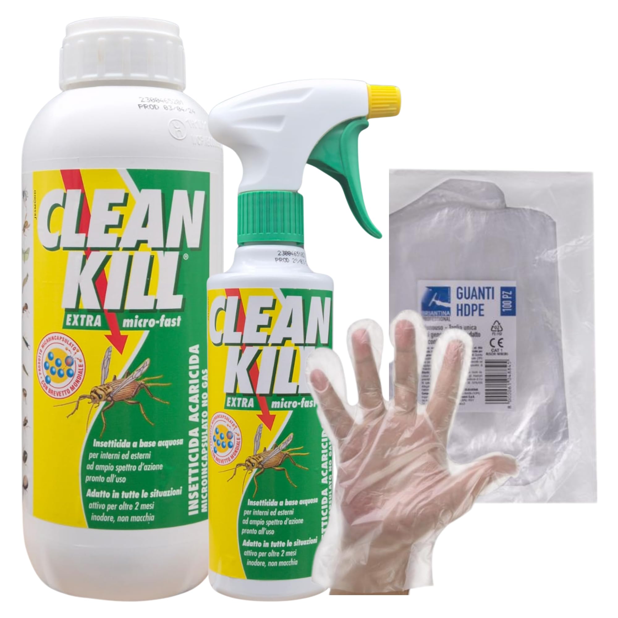Kit Biokill Insetticida Ecologico Clean Kill Extra Micro Fast No Gas a Base Acquosa, Spray da 375ml + Ricarica da 1LT + OMAGGIO 100pz Guanti HDPE Monouso (1 Spray+1 Ric+1CF Guanti)