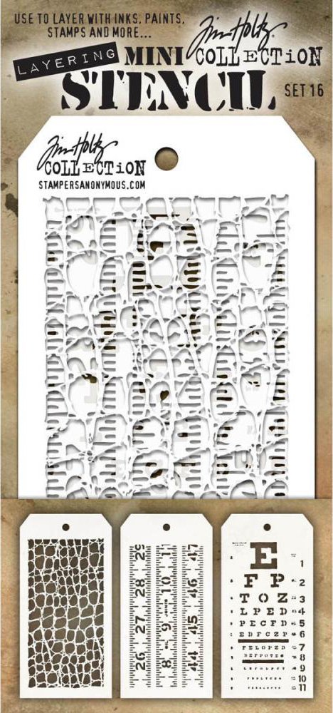 Tim Holtz - Mini Layering Stencils - Sets #16, #17, & #18 - 9 Mini Stencils - Crocodile, Measured, Eye Chart, Shatter, Halloween, Batground, Holiday Knit, Christmas & Snowflakes by Tim Holtz