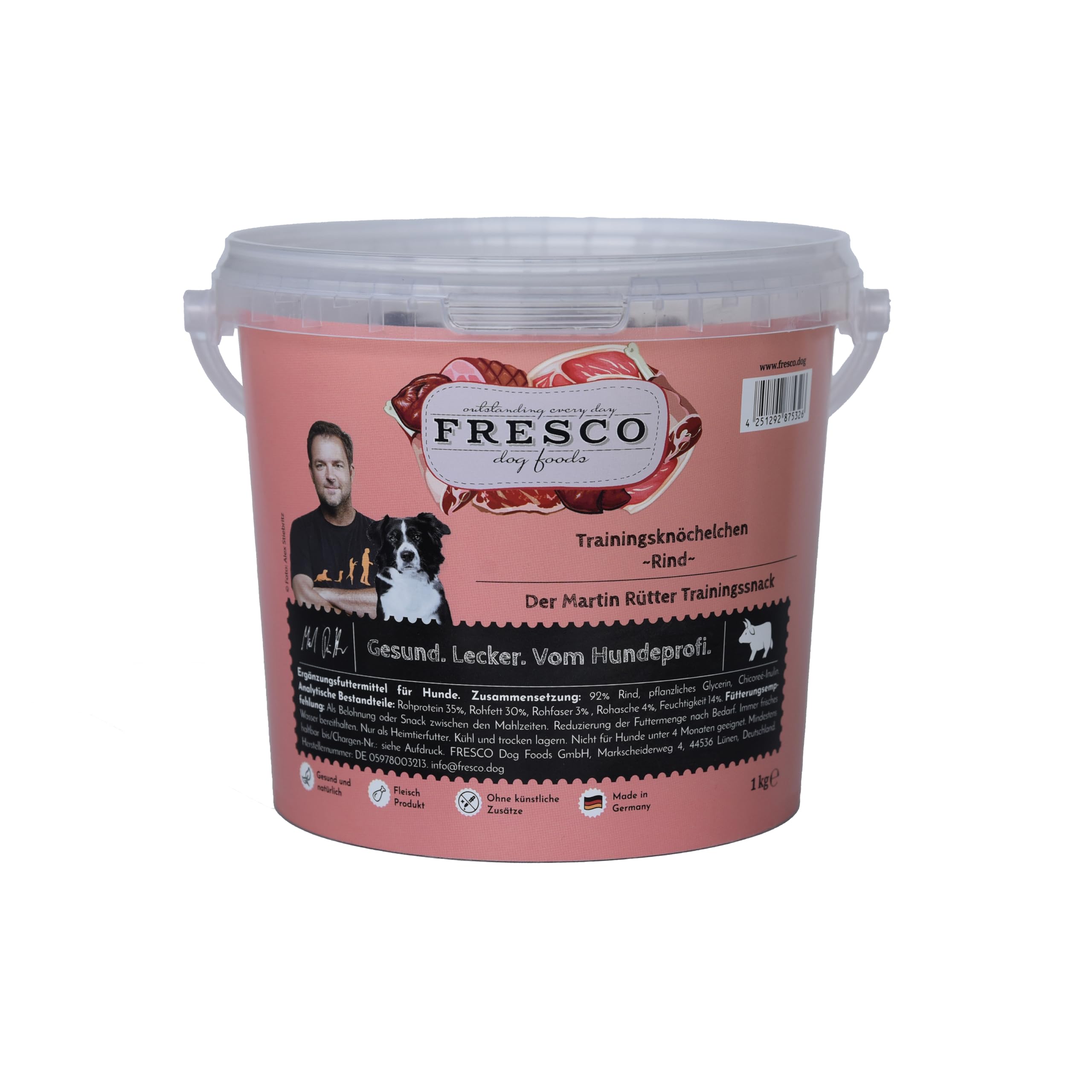 FRESCO Dog Martin Rütter Trainingsknöchelchen Rind 1kg | Hundeleckerli getreidefrei & zuckerfrei mit 92% Frischfleisch | Geruchs- & fettarm | Gesunde Hunde Leckerlis fürs Hundetraining
