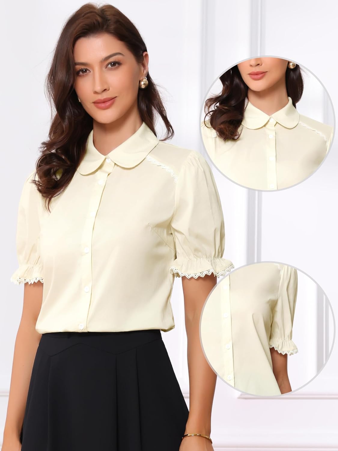 Allegra K Peter Pan Collar Shirt for Women 2026 Vintage Puff Short Sleeve Button Down Blouse Tops - Image 4