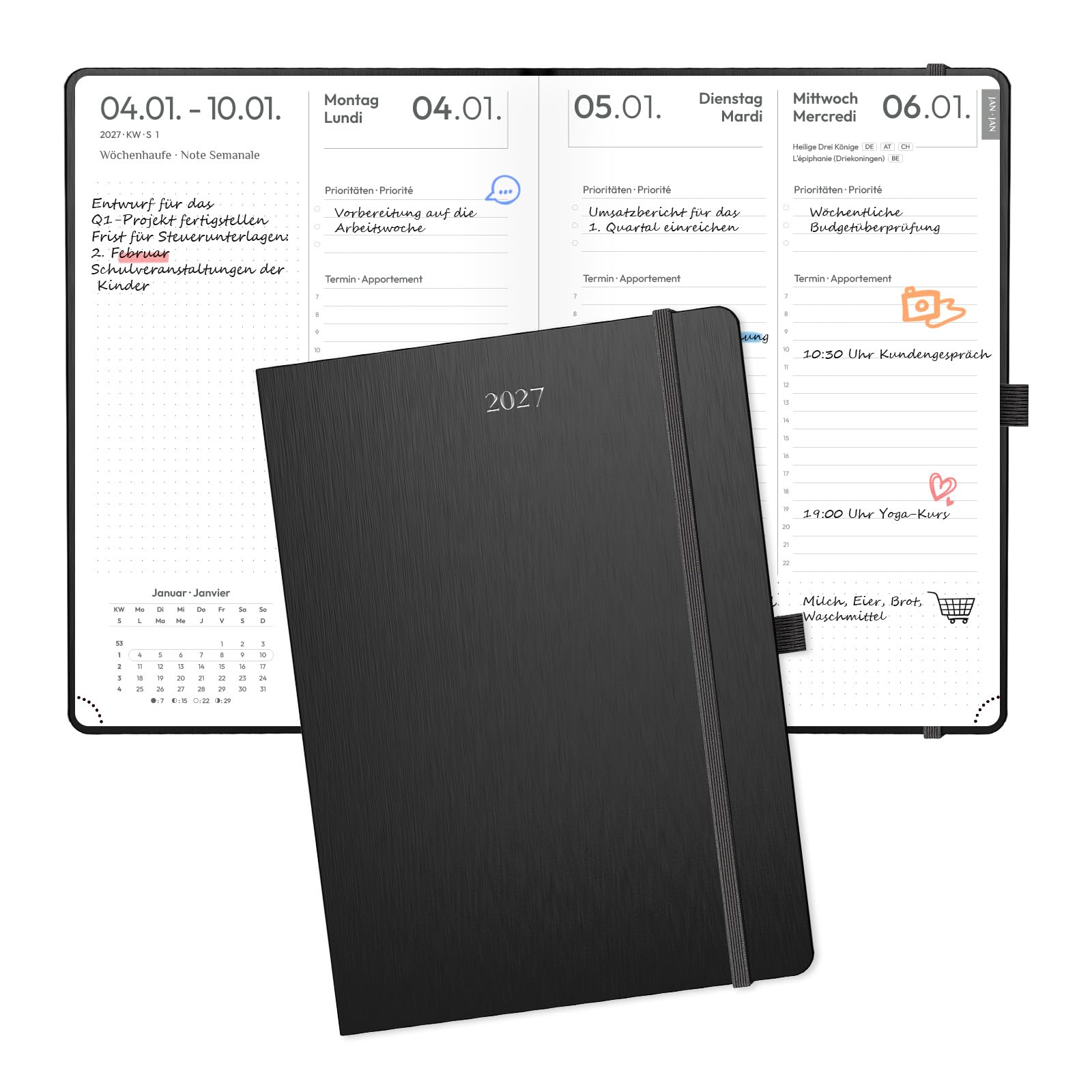 ONAVIA Kalender 2027 Buchkalender A4 1 Woche 4 Seiten Hardcover mit Notizen | Terminplaner 2027 Wochenkalender mit Stunden, Gleicher Platz für alle 7 Tage, Schwarz