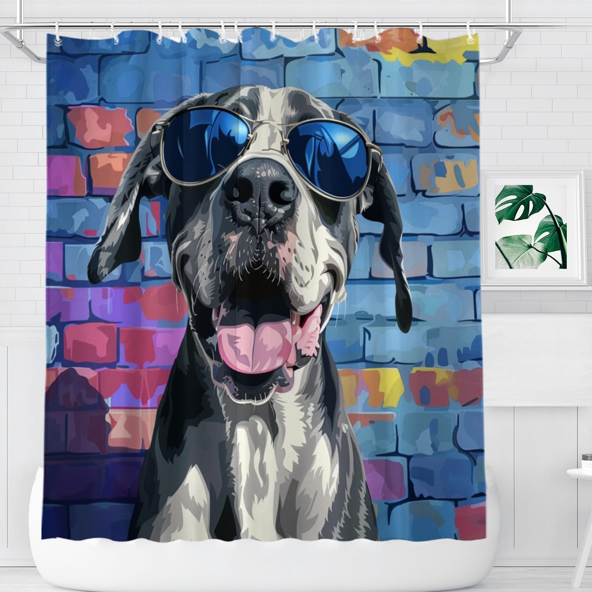 NGZ Great Dane Shower Curtain with Sunglass Shower Curtain Farmhouse Flower Funny Rustic Blossom Fabric Bathroom Decor Set with Hooks(72Wx72H)