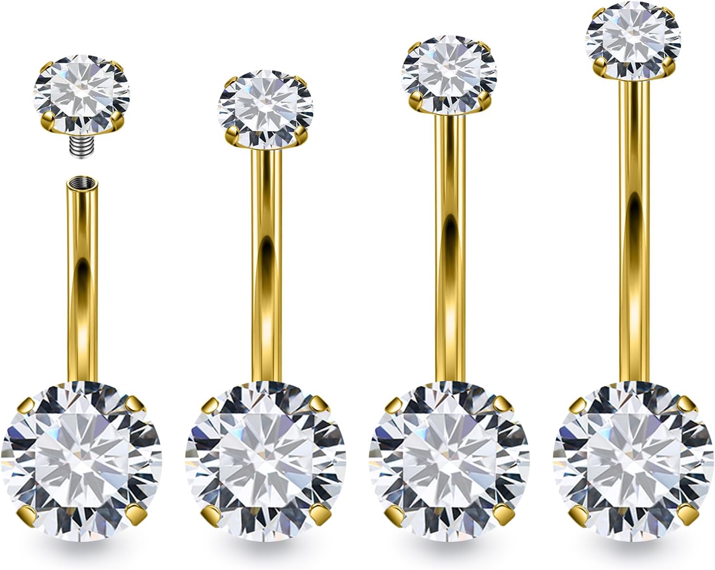 Hoeudjo Belly Button Ring Surgical Steel Belly Button Piercing 14G Belly Rings For Women Internally Threaded Round Cubic Zirconia Long Navel Barbell Jewelry 8/10/12/14mm