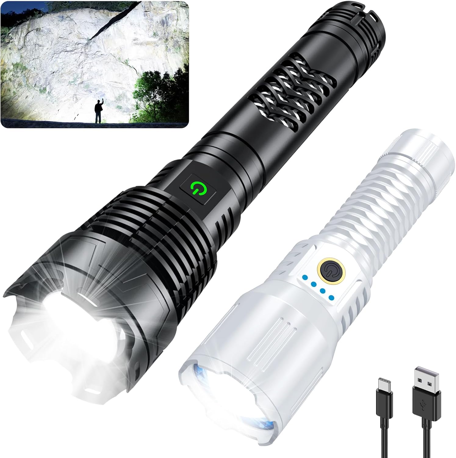 Weoxi Flashlight High Lumens Rechargeable 2 Pack, Lumen Super Bright Led Flashlights with 5 Light Modes, 10000mAh Battery, Waterproof, Powerful Handheld Flash Light for Camping Home Emergencies