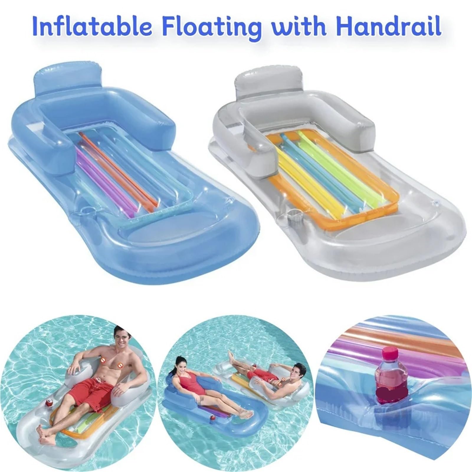 Hamac flottant avec main courante pour l'été, avec trou de tasse et dossier réutilisable pour piscine