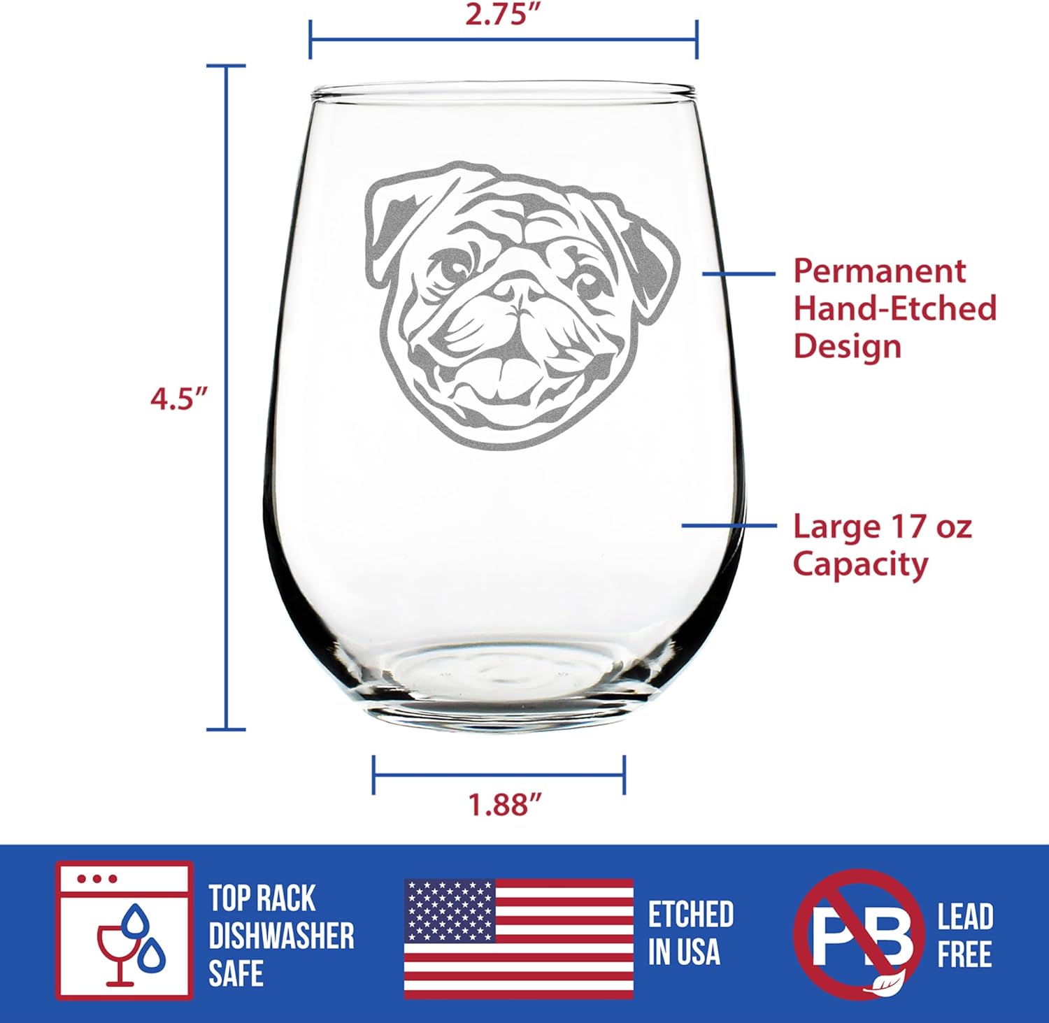 Custom Happy Pug Stemless Wine Glass - Cute Dog Themed Decor and Gifts for Moms & Dads of Pugs - Large 17 Oz Glasses - Customized Glasses