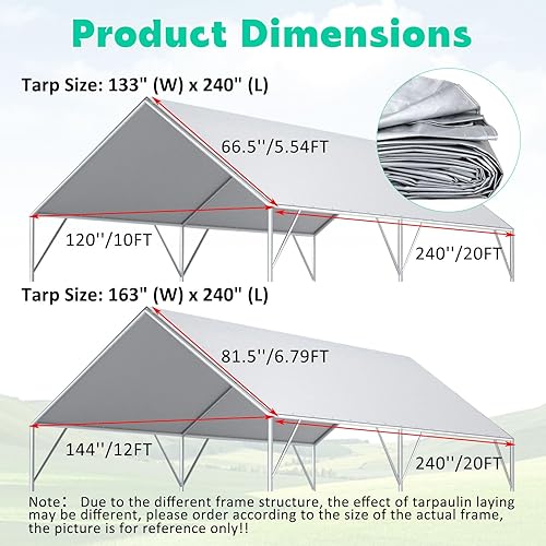 Miniatura 2 de Toldo de repuesto para cochera de 10 x 20 pies, refugio de tienda de campaña resistente, 7.05 oz, lona impermeable gris y protegida contra rayos UV