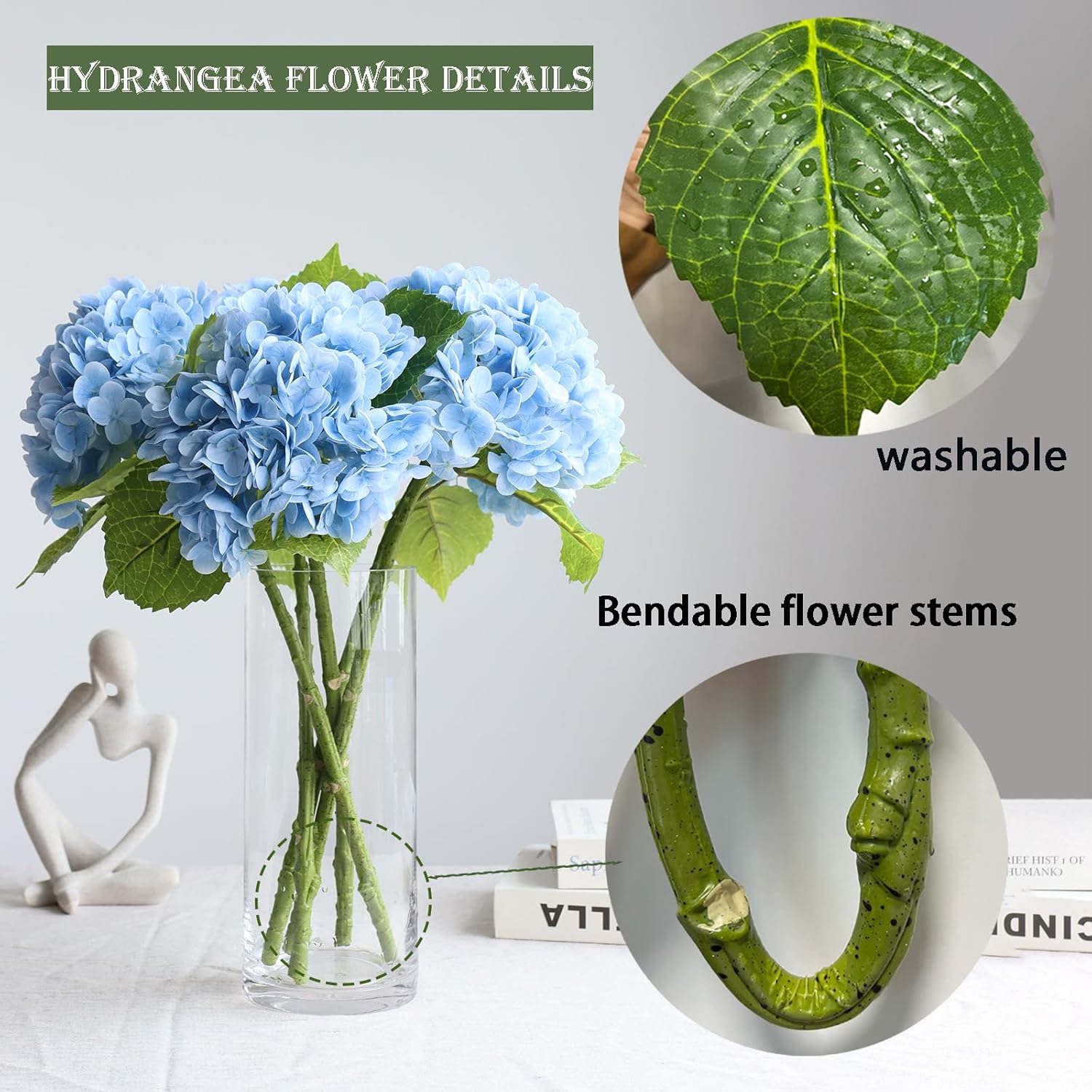 Buart 3PCS Long Stem Big Size Flowers Artificial Silk Hydrangea Lifelike Flowers Real Touch Blue Artificial Flowers Wedding Shower Bride Bouquets Office Living Room Table Decorations (21 Inch)