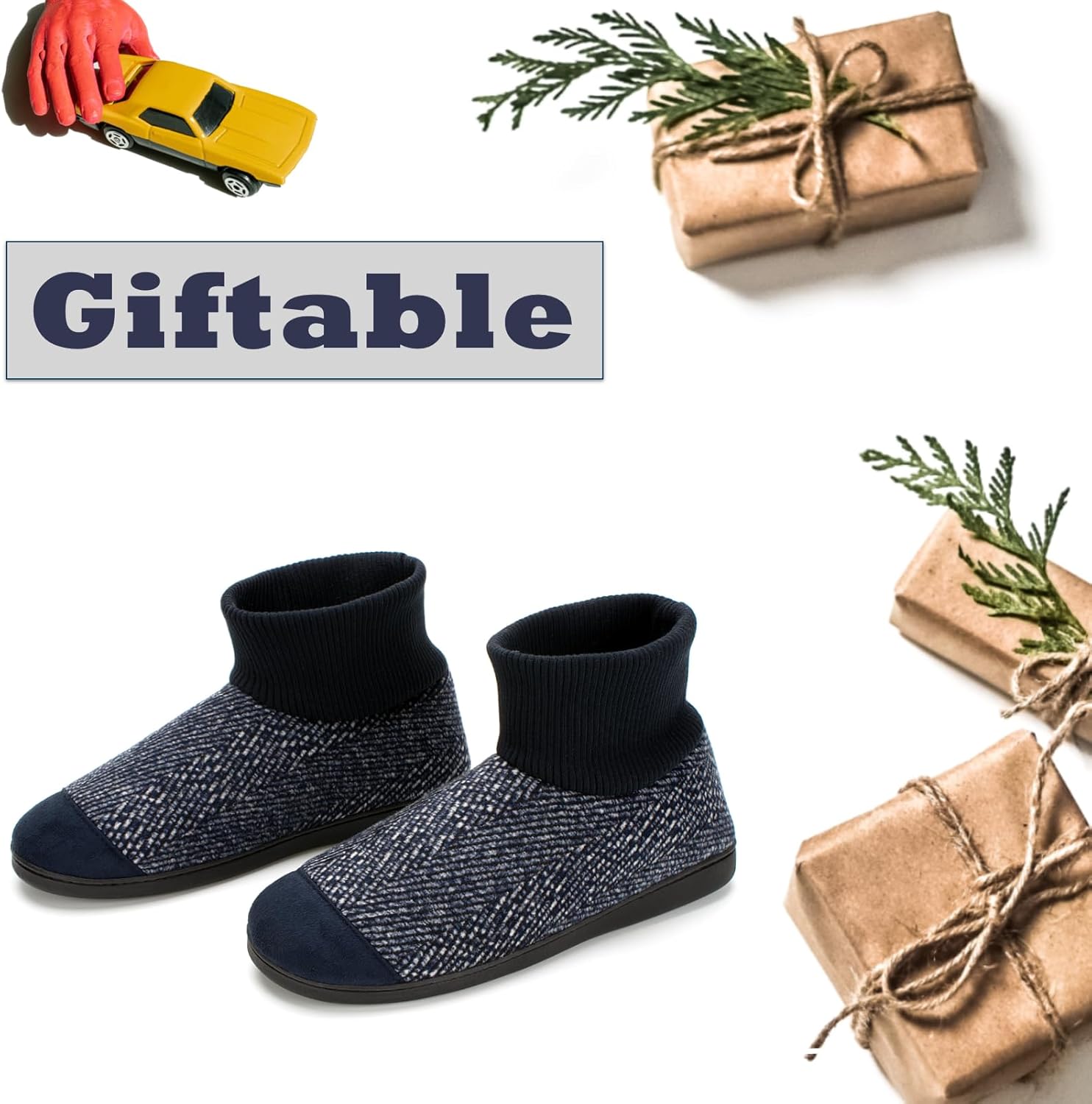 Cozylook Men's Slippers with Knitted Cuff Cozy Memory Foam Non-slip Indoor Outdoor Slipper Socks with Rubber Sole Navy Blue Size 8-9 - Image 2